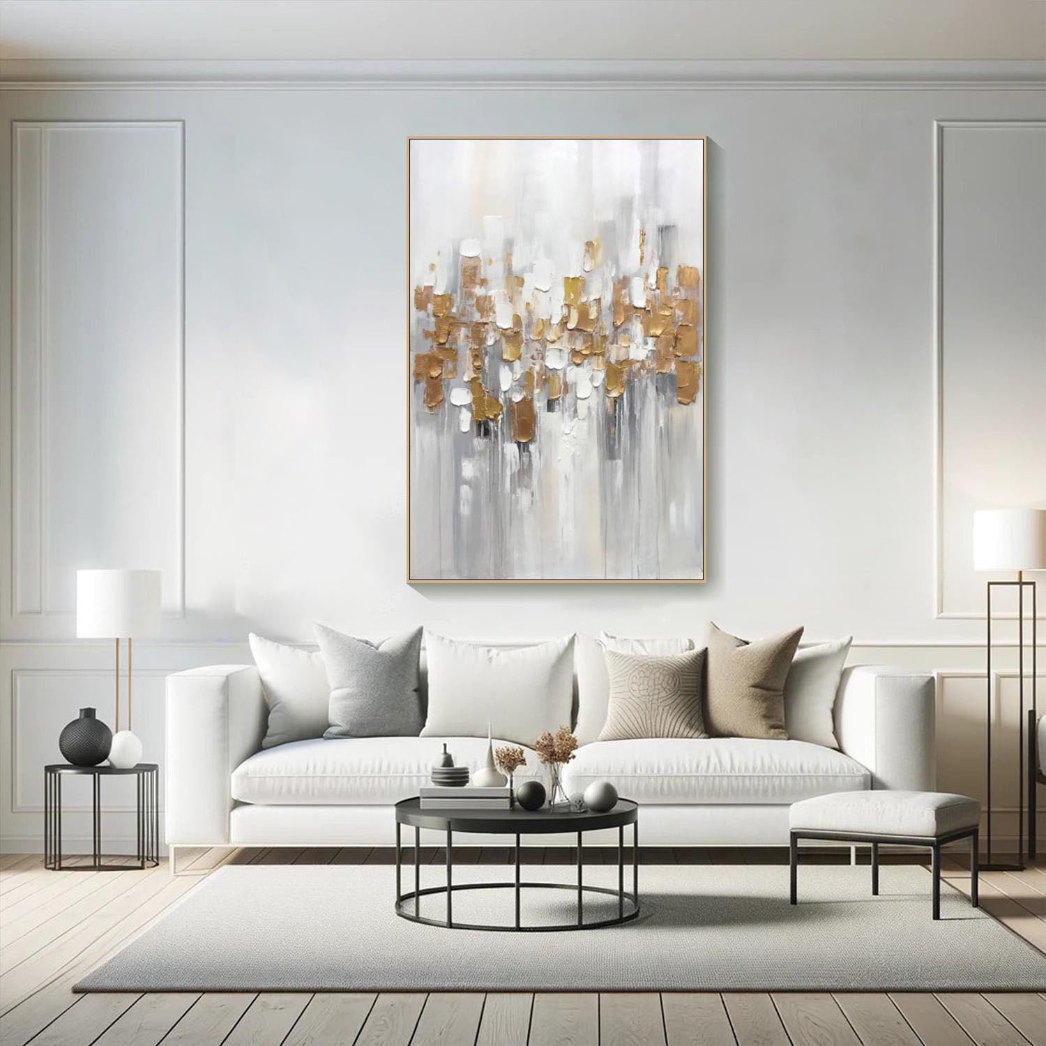 Modern Abstract Textured Oil Painting, White Gray Gold #TB 065