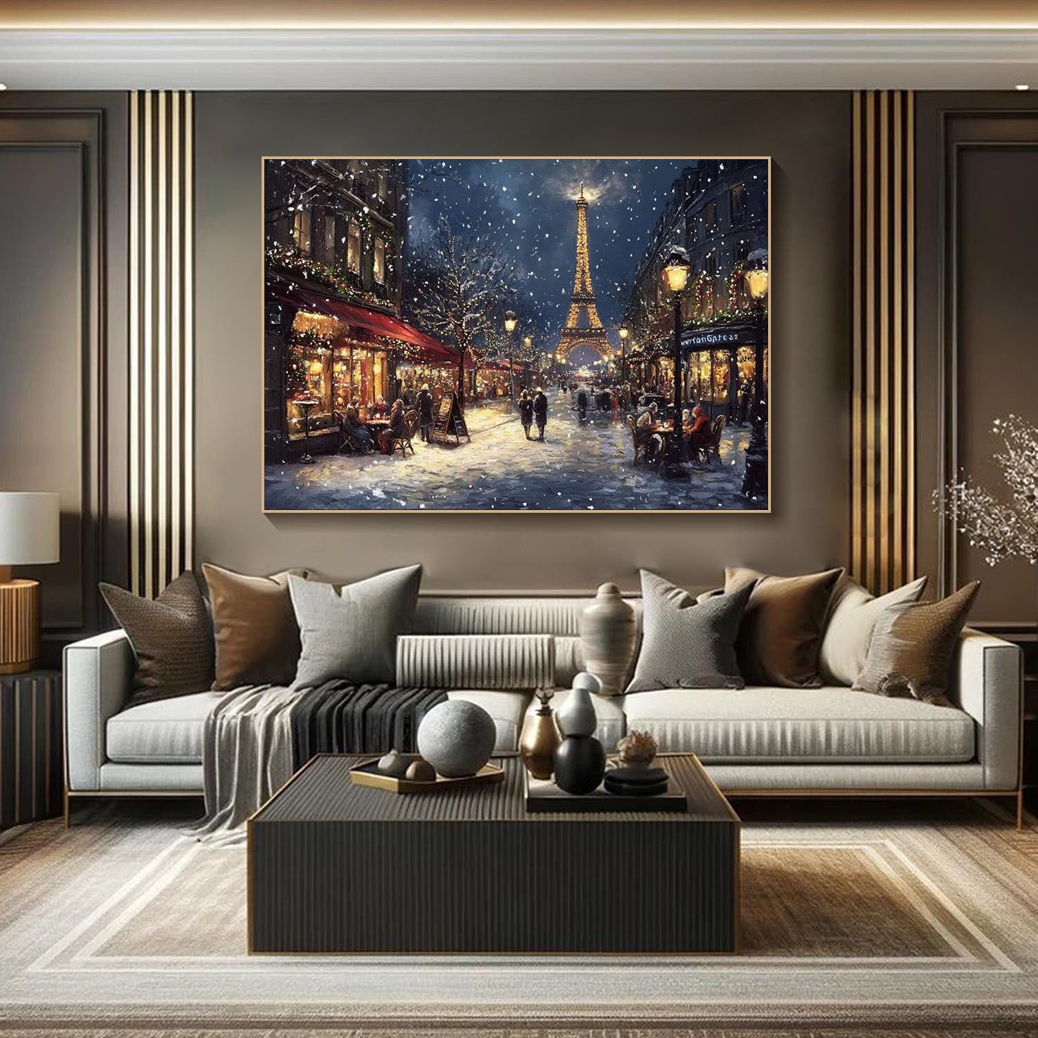 Paris Winter Night Snow Painting, Modern Romantic City #TB 081