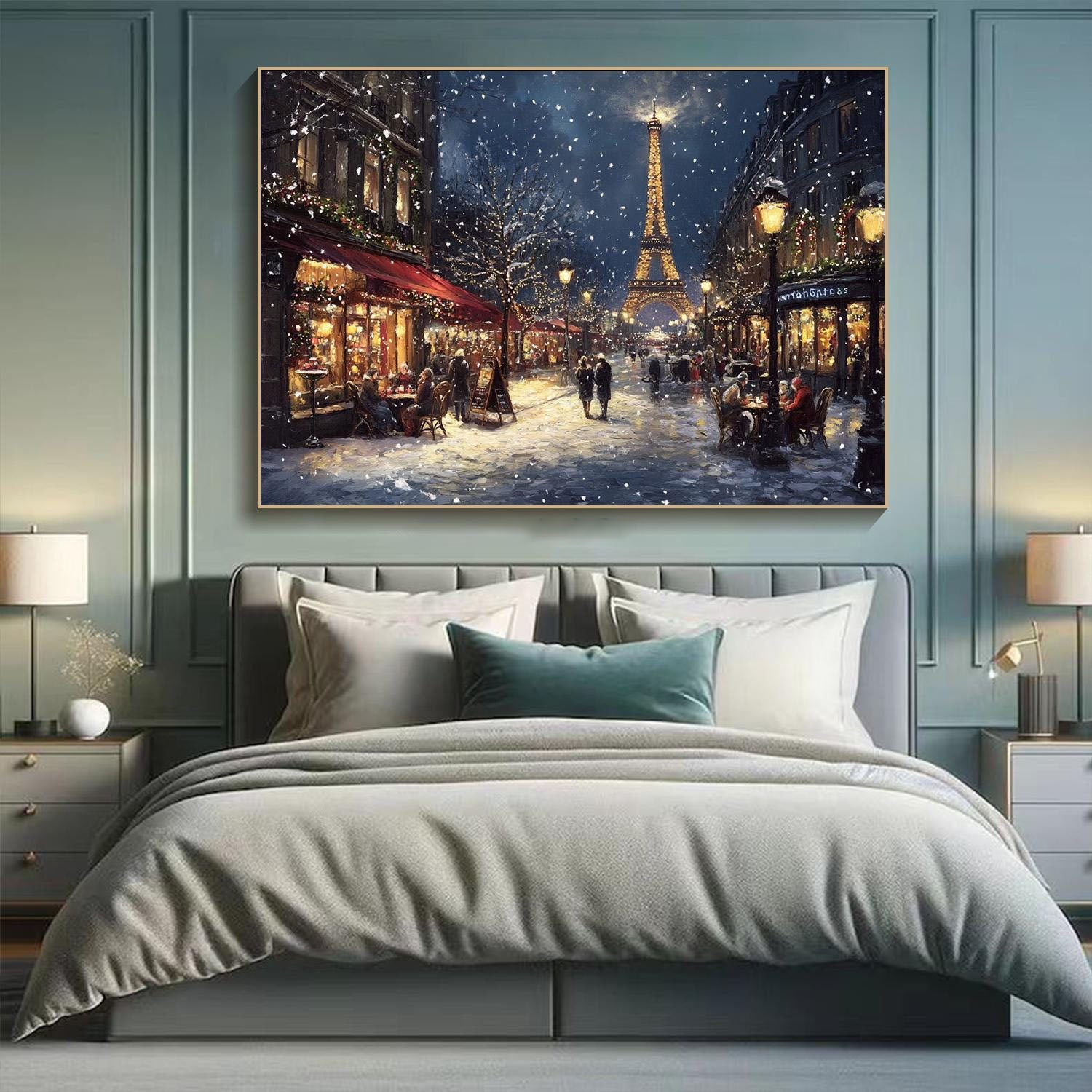 Paris Winter Night Snow Painting, Modern Romantic City #TB 081