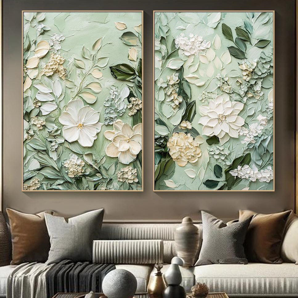 Modern 3D Embossed Floral Art, Light Green Fresh Diptych #TB 063