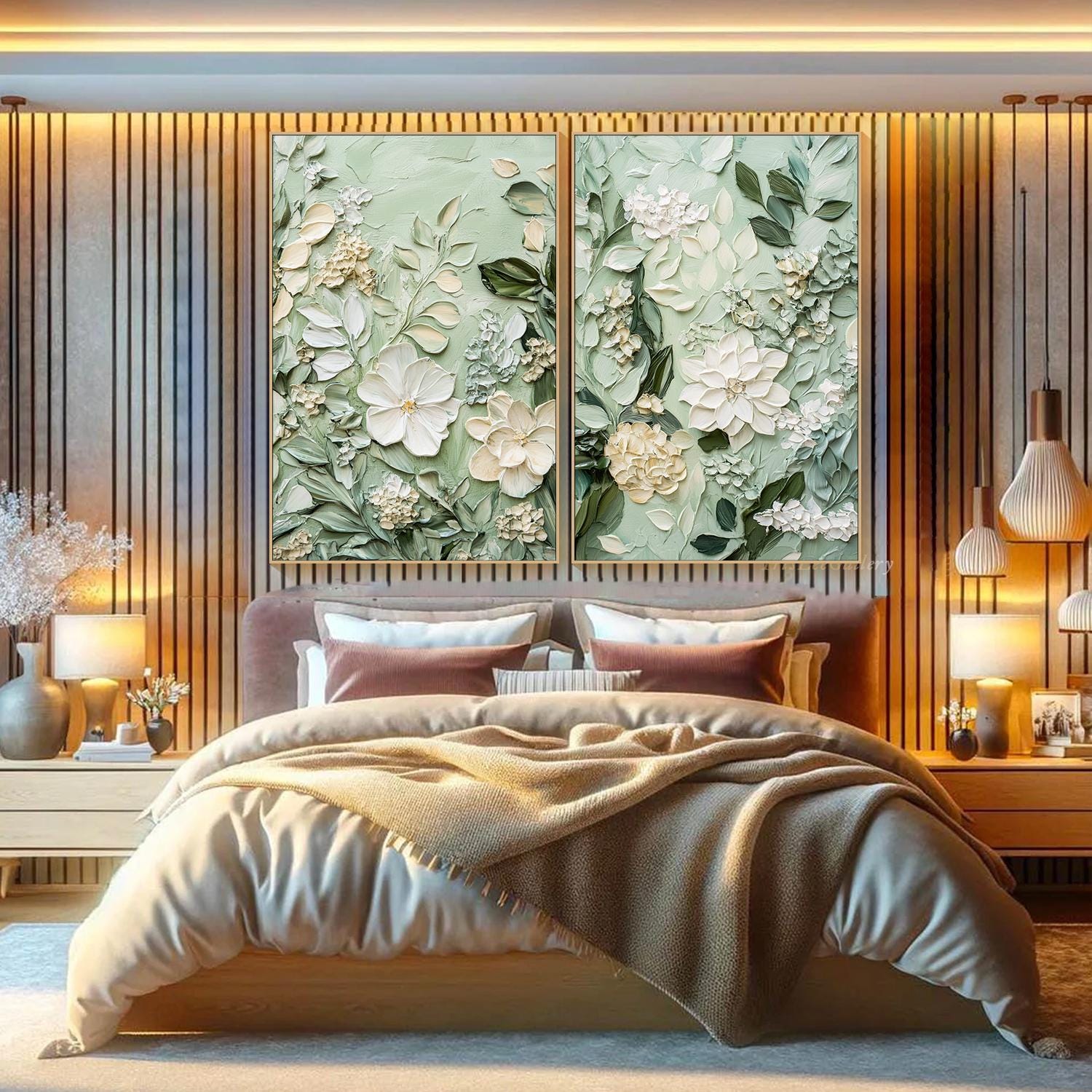 Modern 3D Embossed Floral Art, Light Green Fresh Diptych #TB 063
