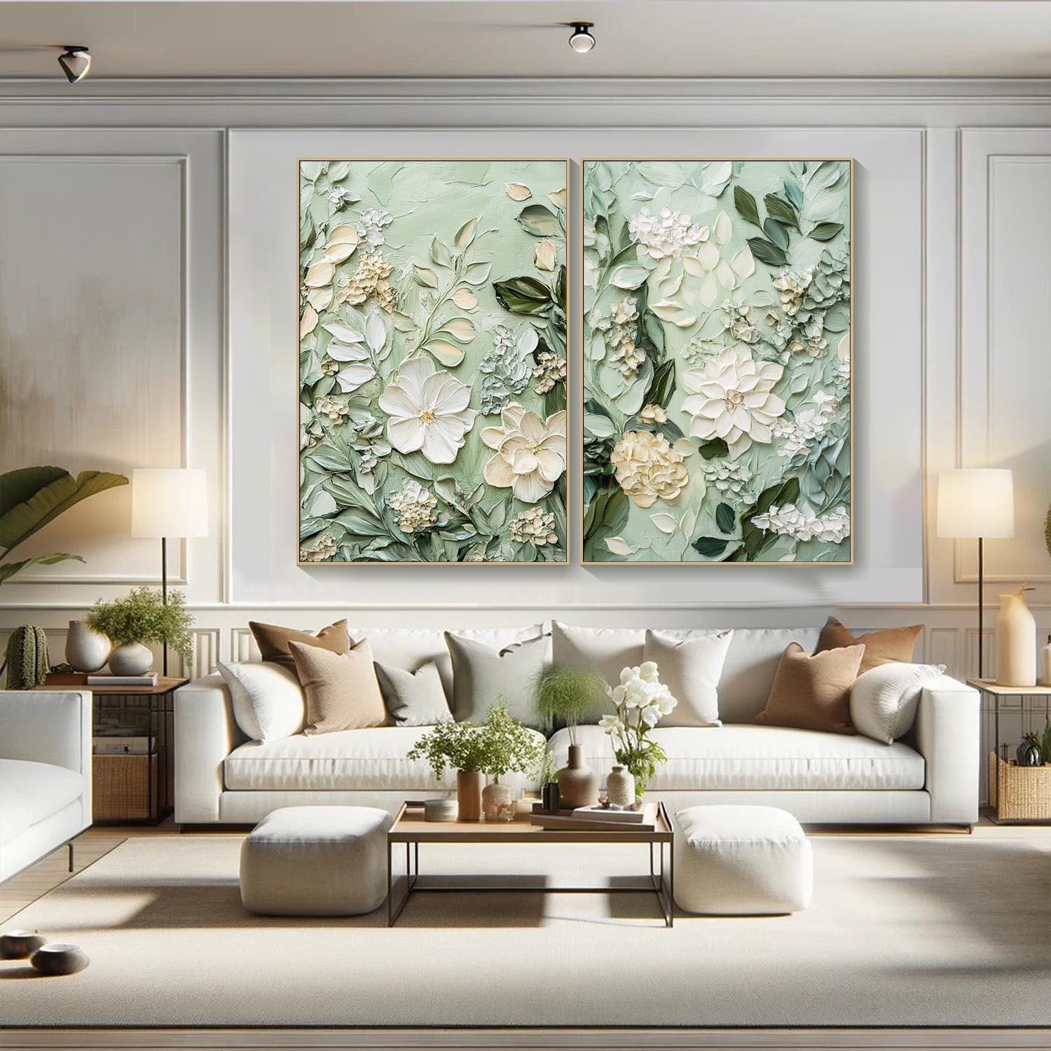 Modern 3D Embossed Floral Art, Light Green Fresh Diptych #TB 063