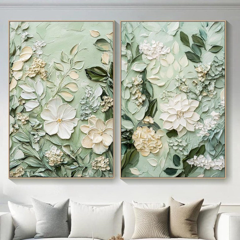 Modern Embossed Floral Diptych, Light Green 3D Decor