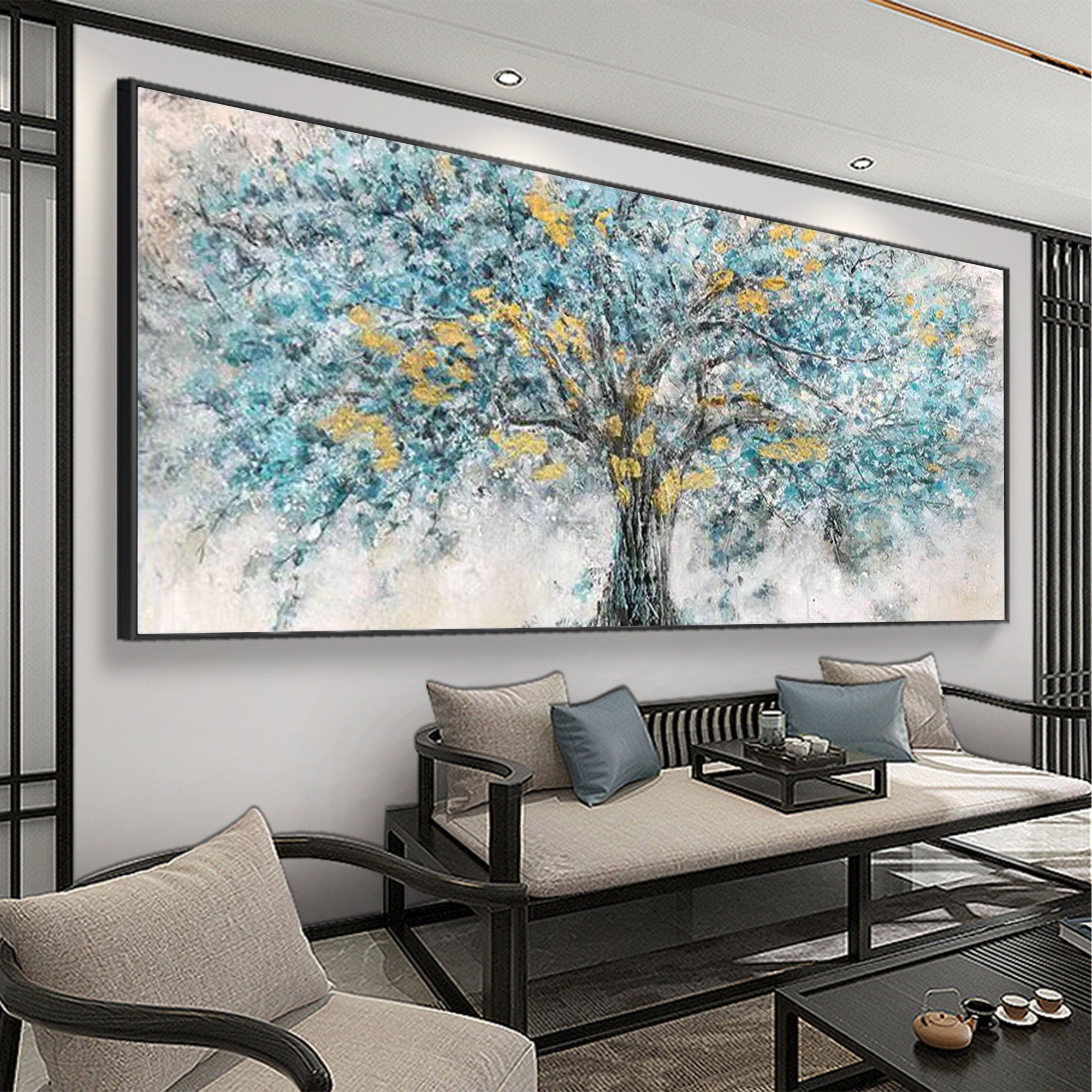 Large Teal & Gold Tree Wall Art | Horizontal Abstract Canvas Painting #ZZ 103