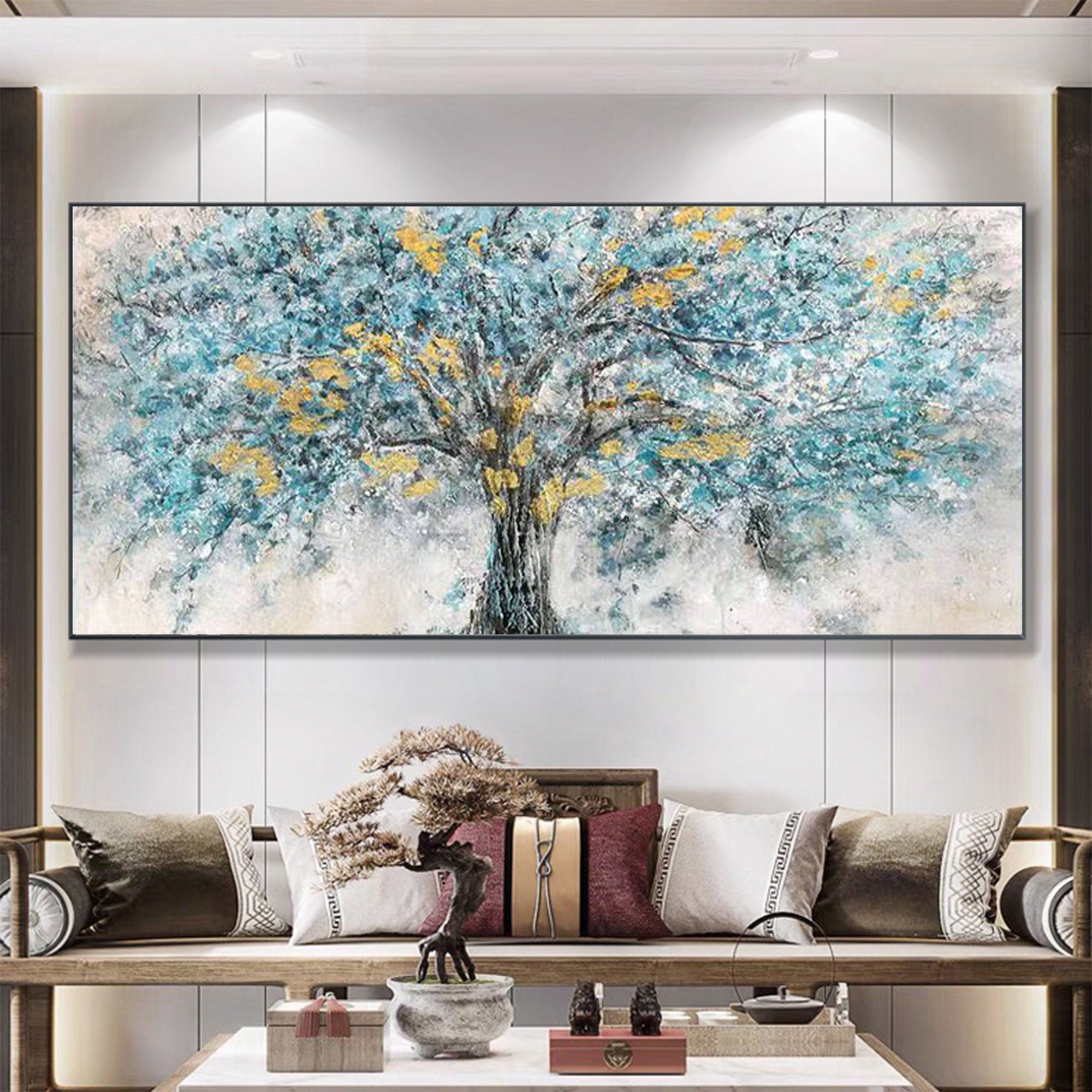 Large Teal & Gold Tree Wall Art | Horizontal Abstract Canvas Painting #ZZ 103