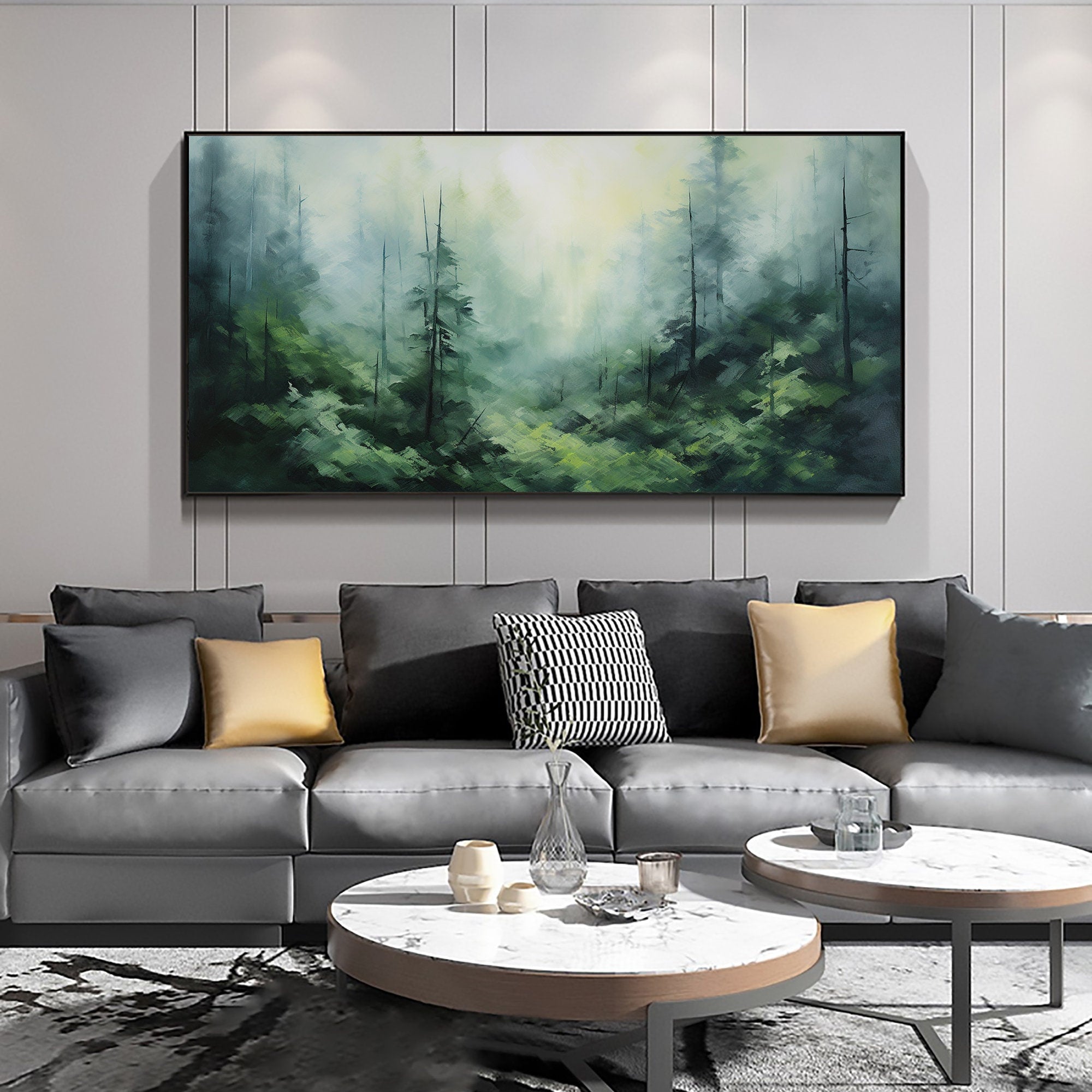 Misty Forest Landscape Wall Art | Large Horizontal Green Canvas Painting #ZZ 097