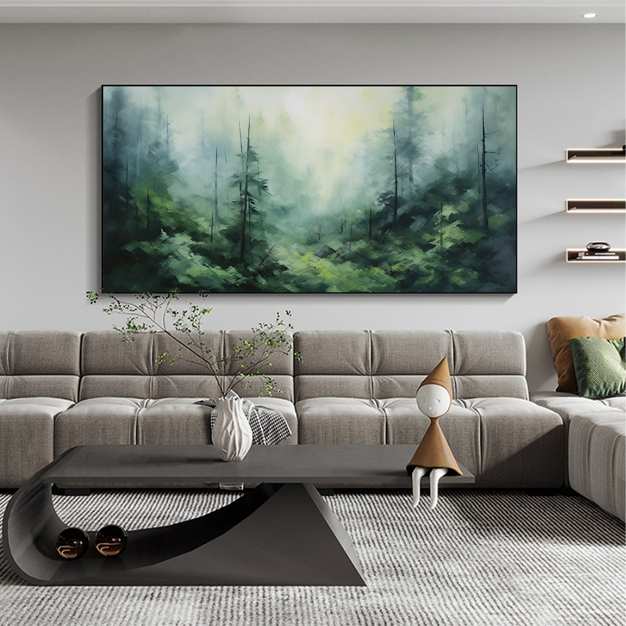 Misty Forest Landscape Wall Art | Large Horizontal Green Canvas Painting #ZZ 097