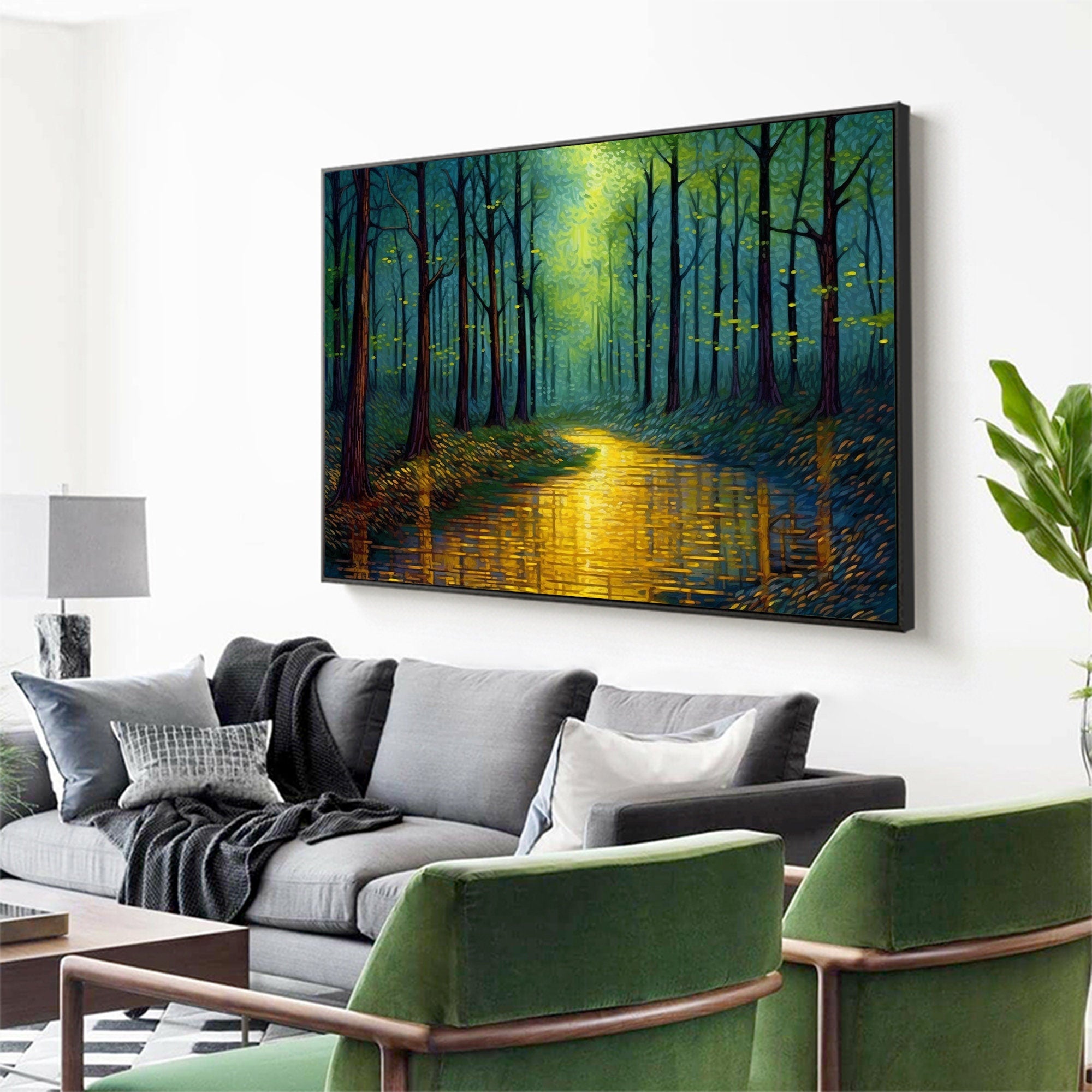 Enchanted Forest Wall Art | Large Landscape Painting with Golden River #ZZ 090