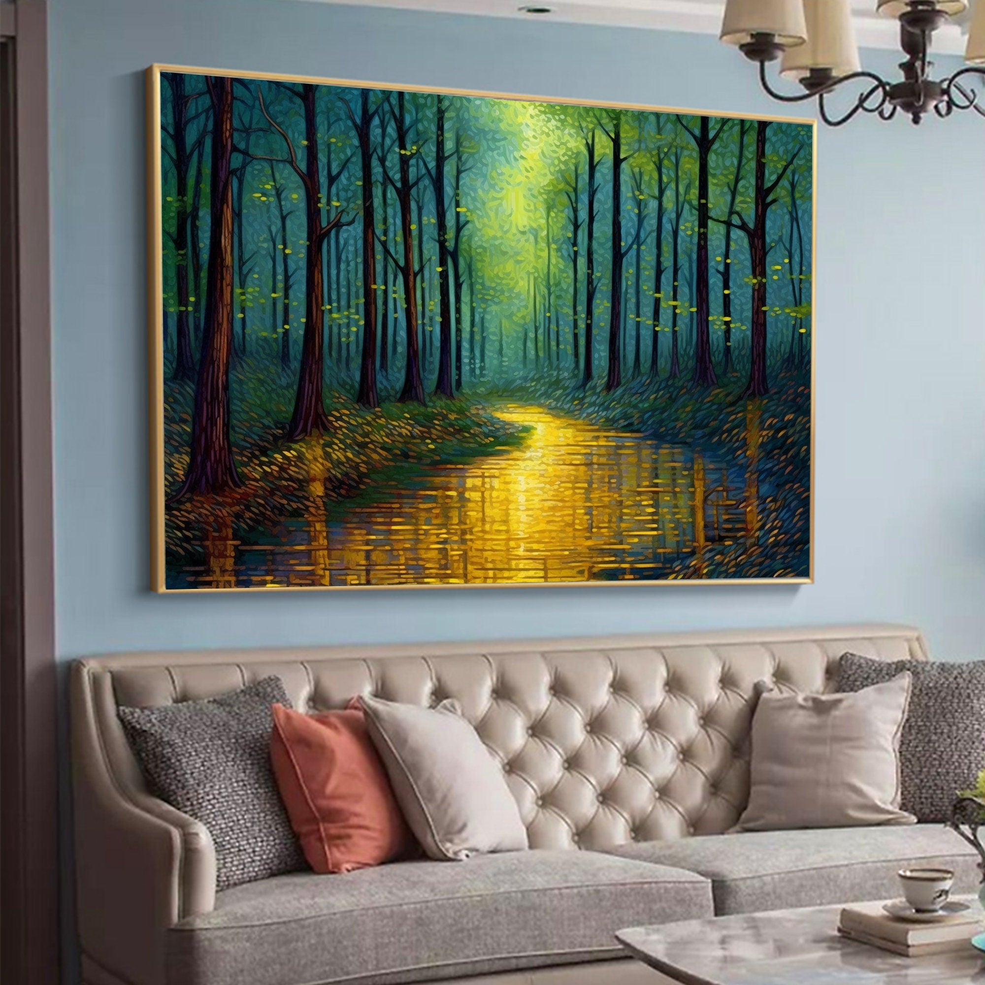 Enchanted Forest Wall Art | Large Landscape Painting with Golden River #ZZ 090