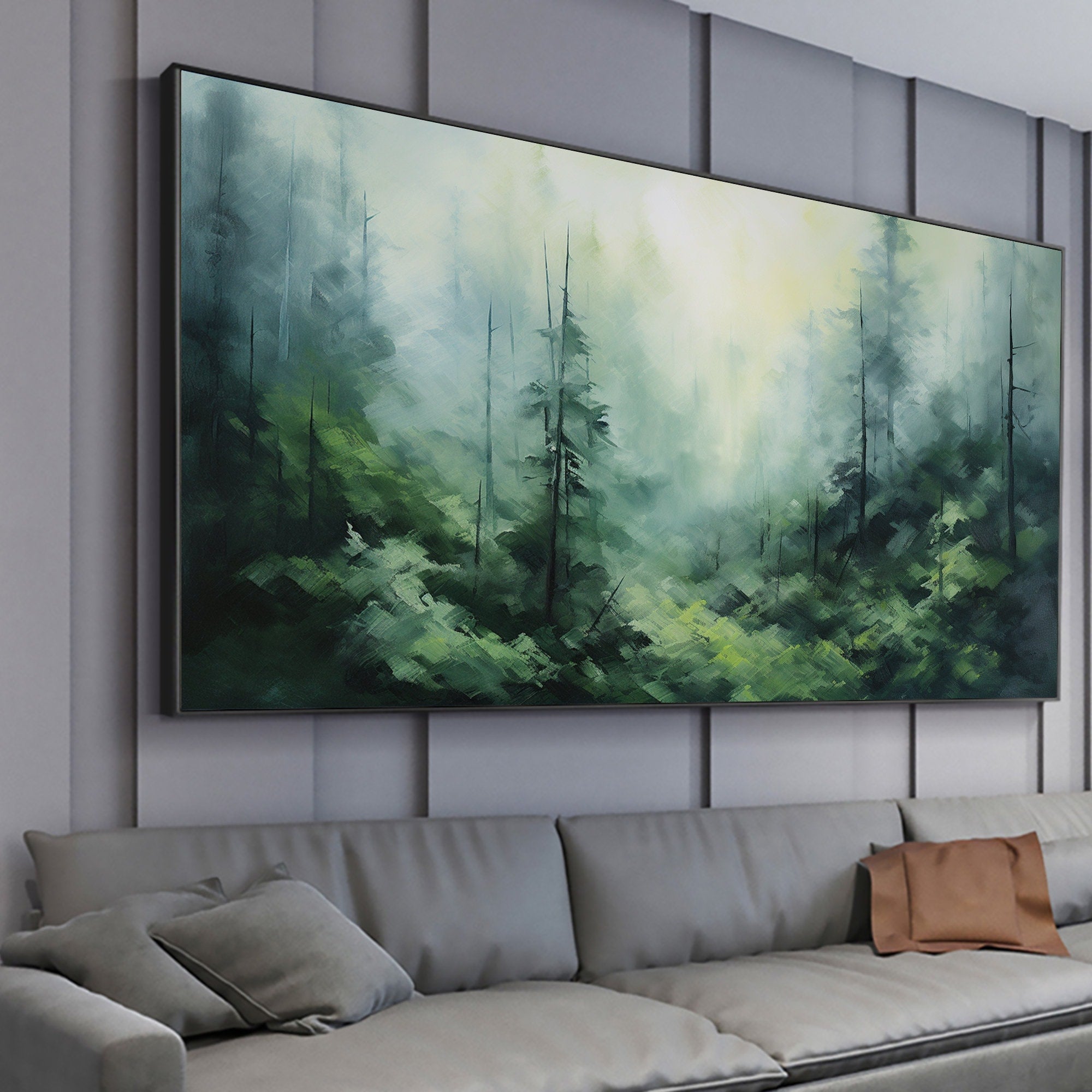 Misty Forest Landscape Wall Art | Large Horizontal Green Canvas Painting #ZZ 097