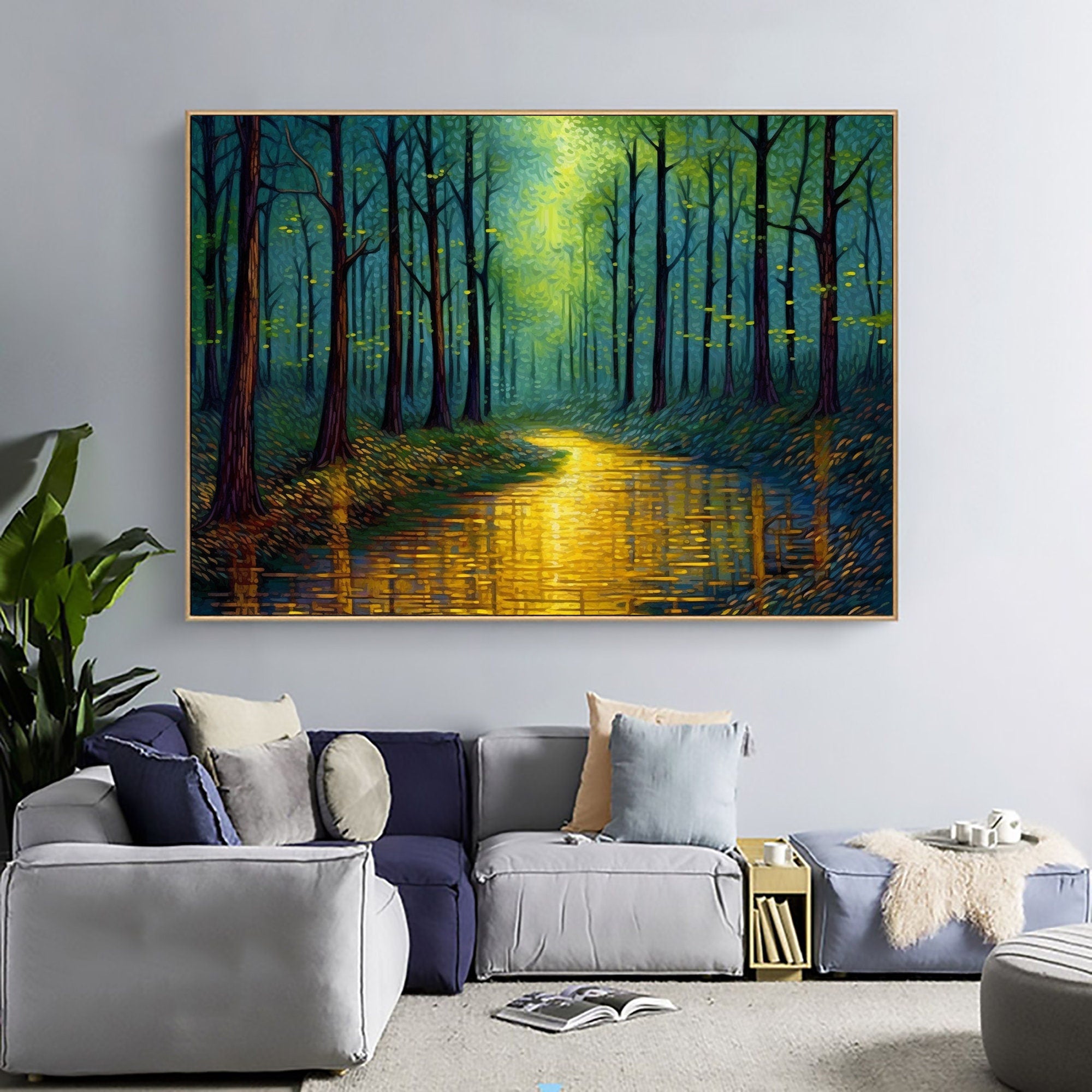 Enchanted Forest Wall Art | Large Landscape Painting with Golden River #ZZ 090