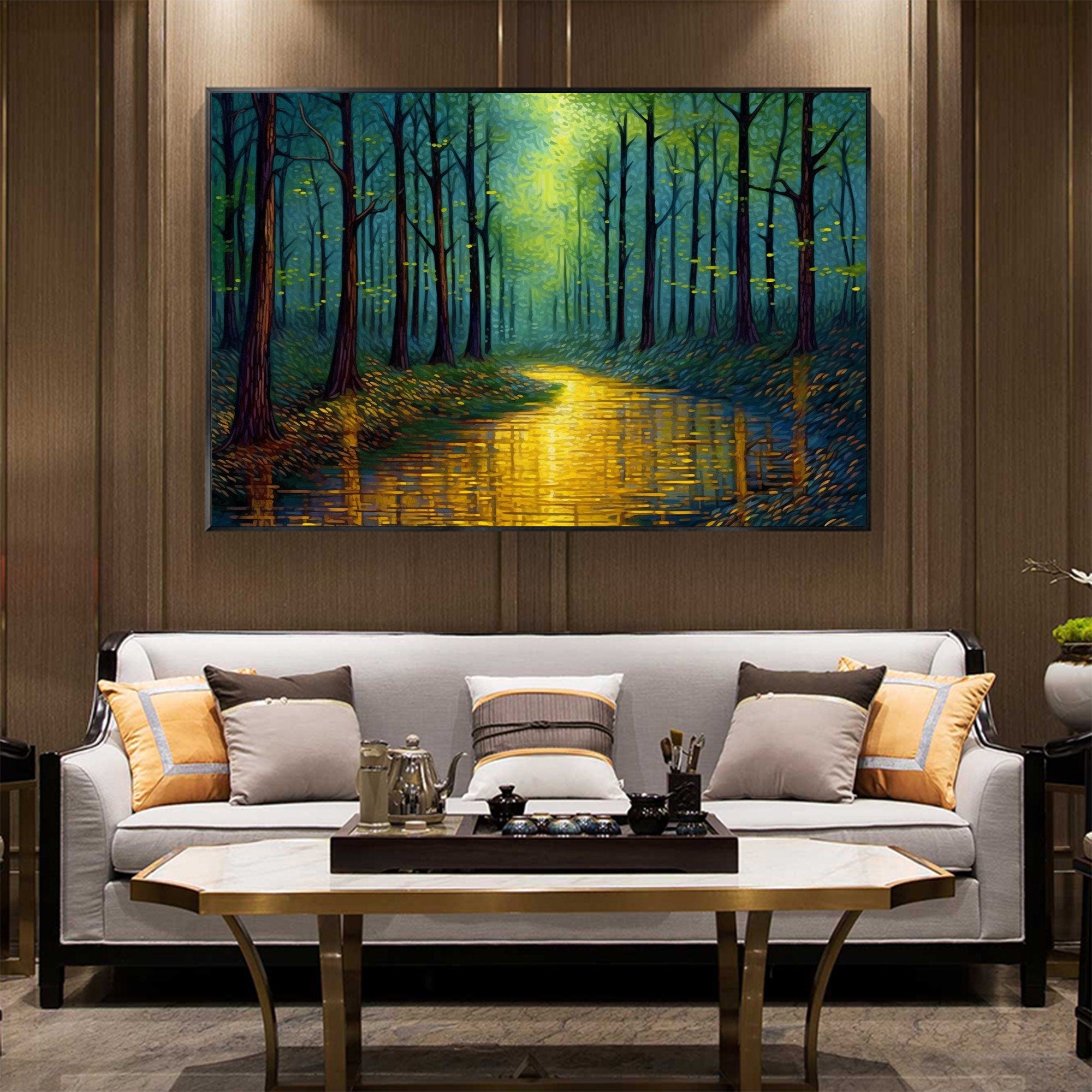 Enchanted Forest Wall Art | Large Landscape Painting with Golden River #ZZ 090