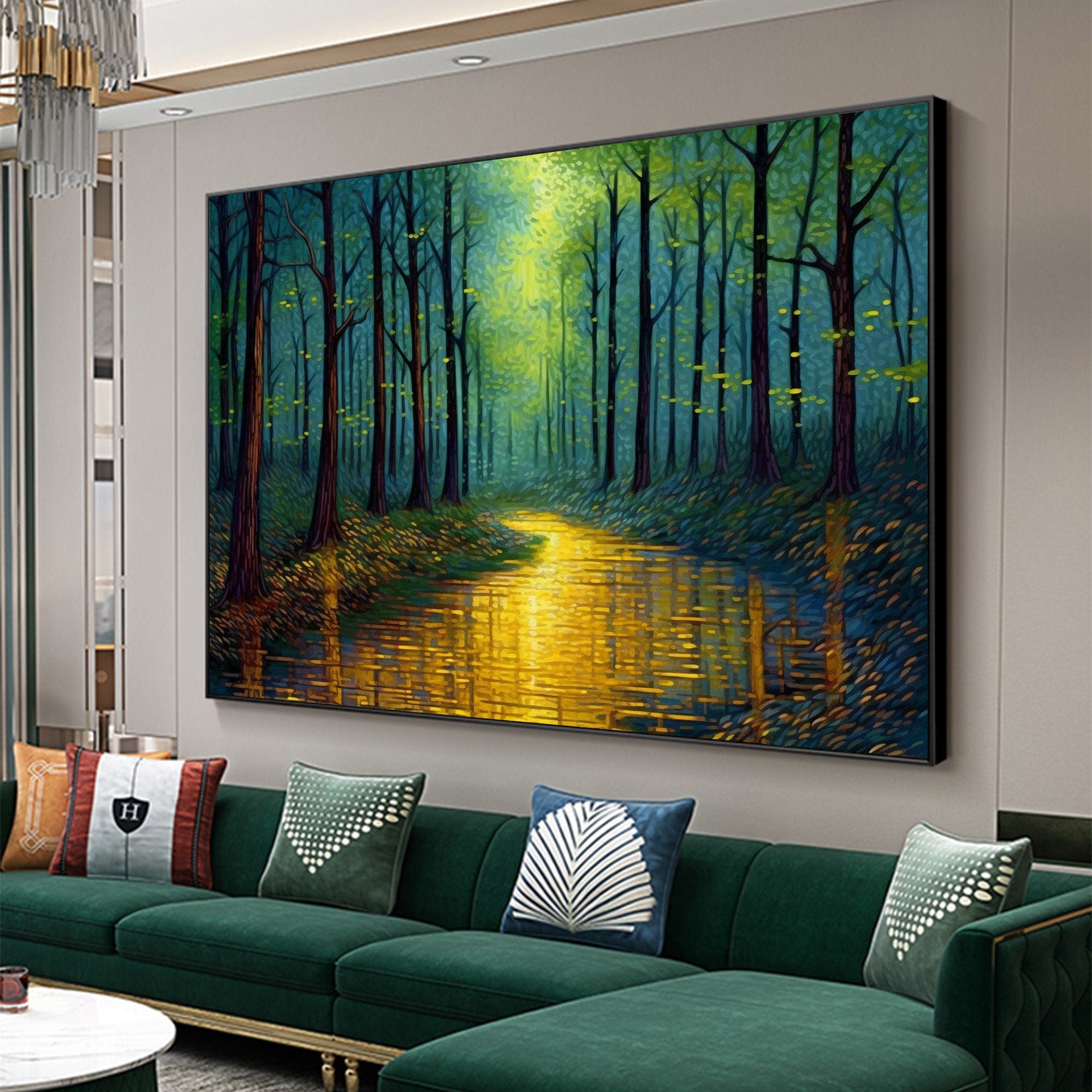 Enchanted Forest Wall Art | Large Landscape Painting with Golden River #ZZ 090