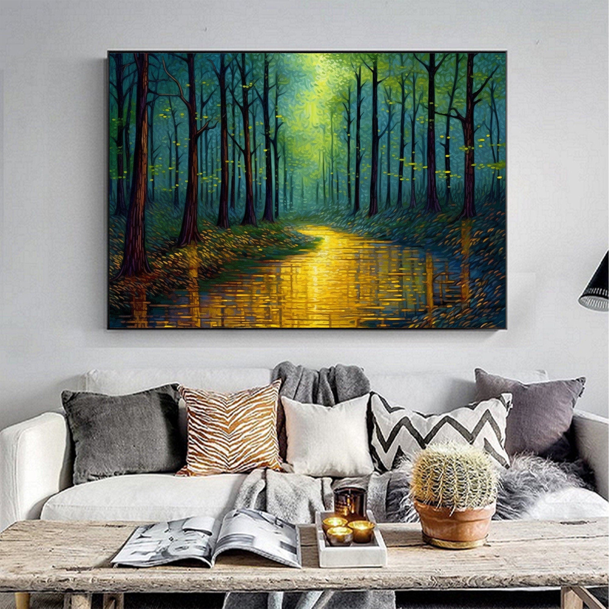 Enchanted Forest Wall Art | Large Landscape Painting with Golden River #ZZ 090