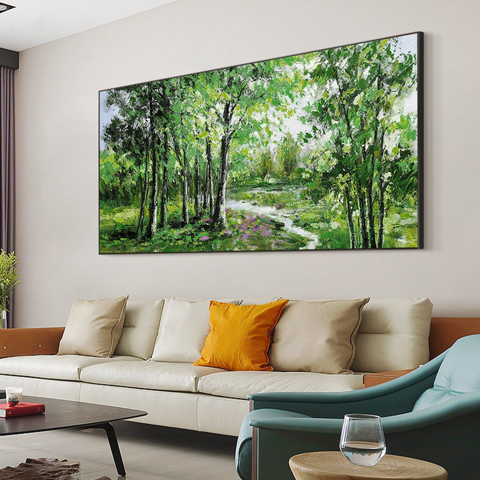 Oversized Landscape Painting | Green Forest Scene Horizontal Wall Art #ZZ 104
