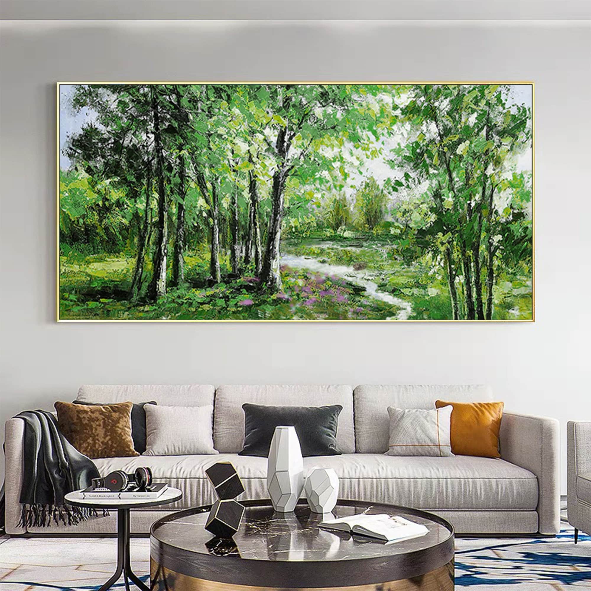 Oversized Landscape Painting | Green Forest Scene Horizontal Wall Art #ZZ 104