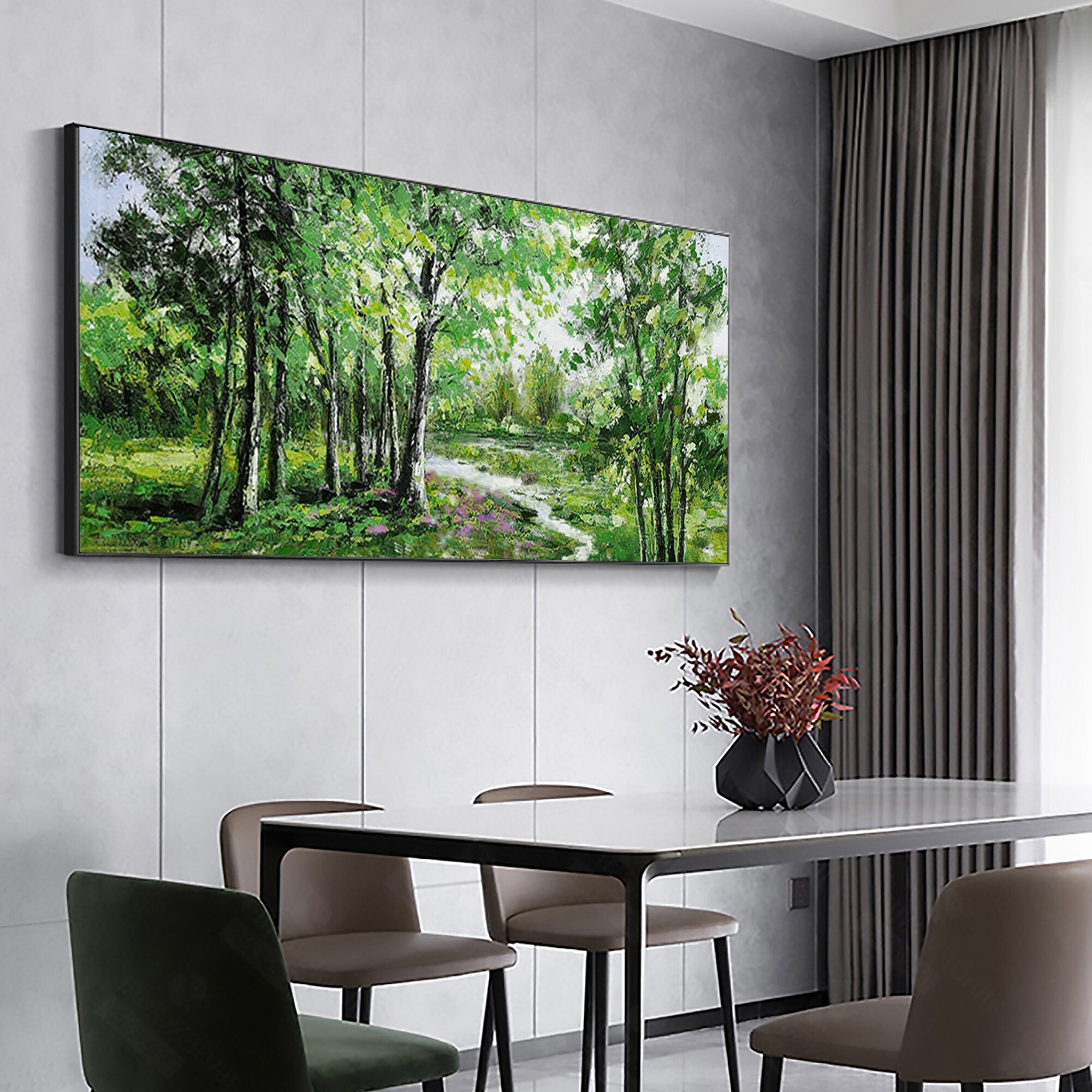 Oversized Landscape Painting | Green Forest Scene Horizontal Wall Art #ZZ 104