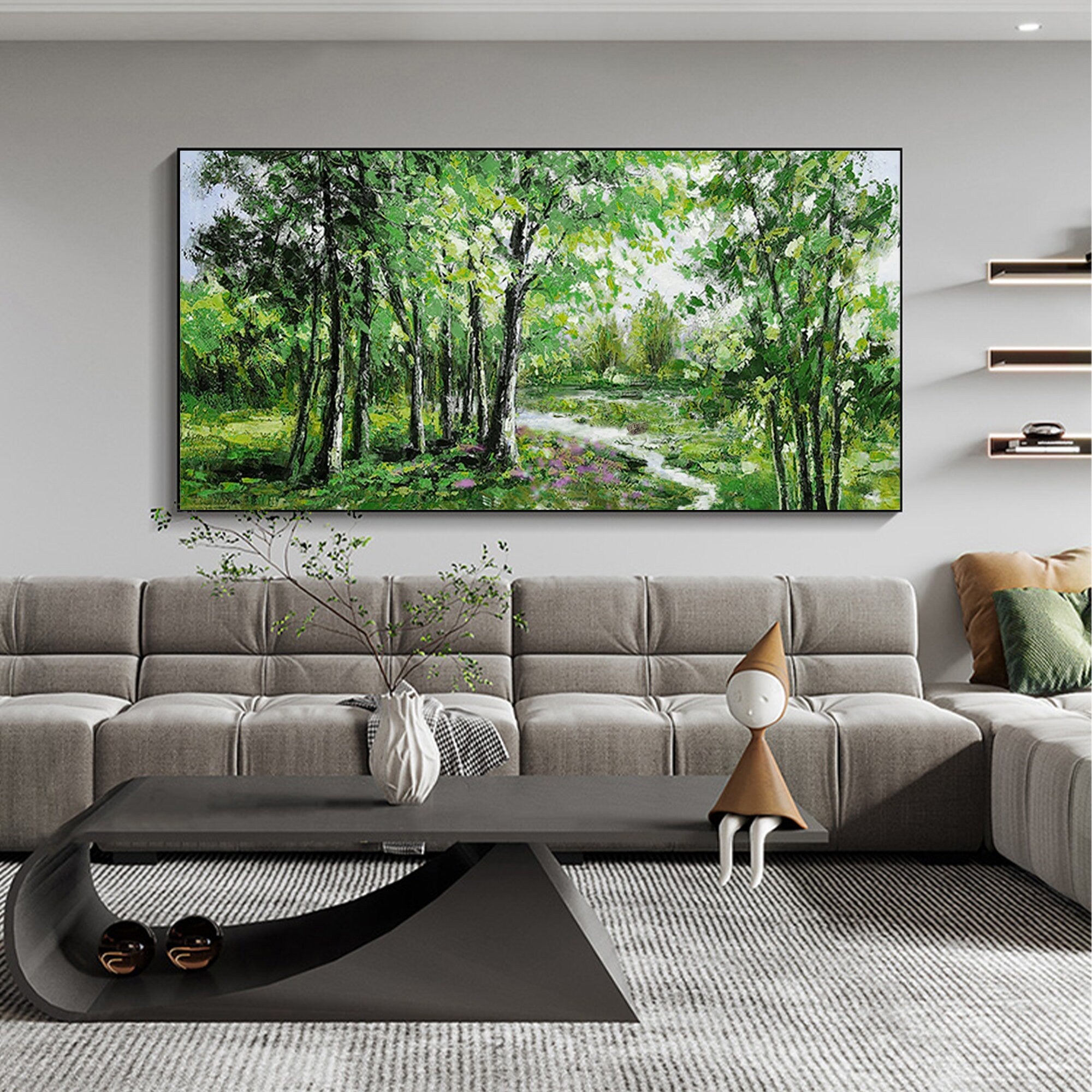 Oversized Landscape Painting | Green Forest Scene Horizontal Wall Art #ZZ 104