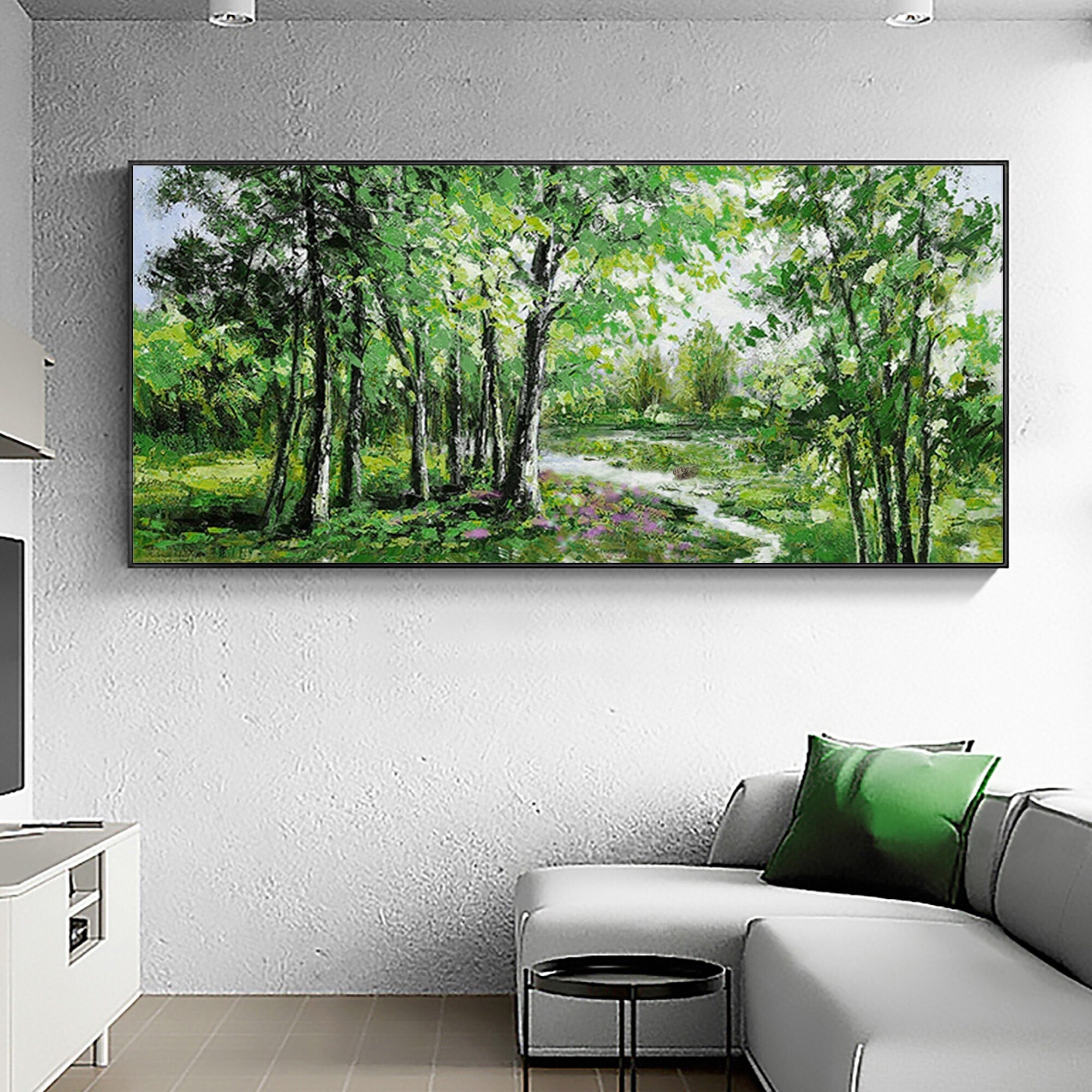Oversized Landscape Painting | Green Forest Scene Horizontal Wall Art #ZZ 104