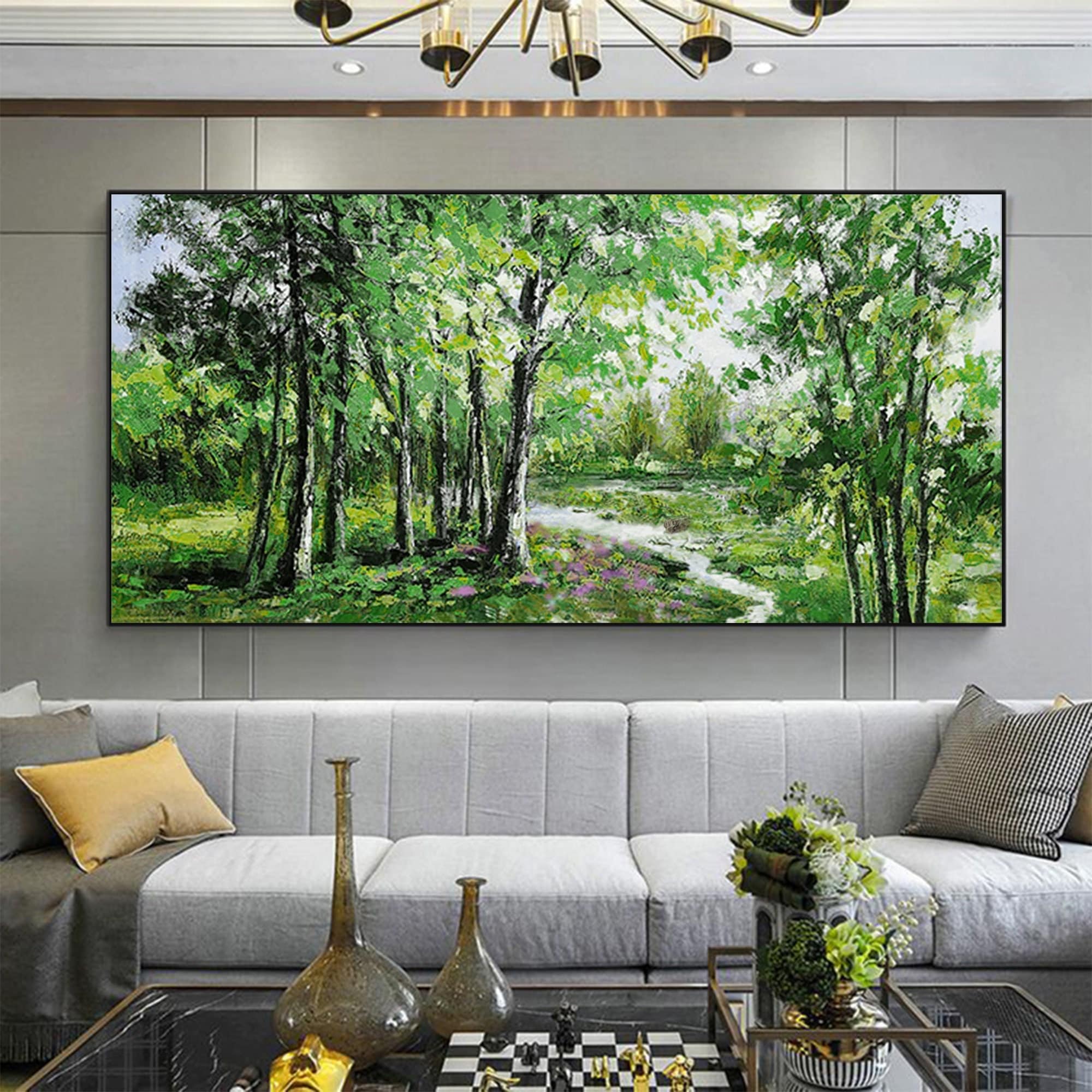 Oversized Landscape Painting | Green Forest Scene Horizontal Wall Art #ZZ 104