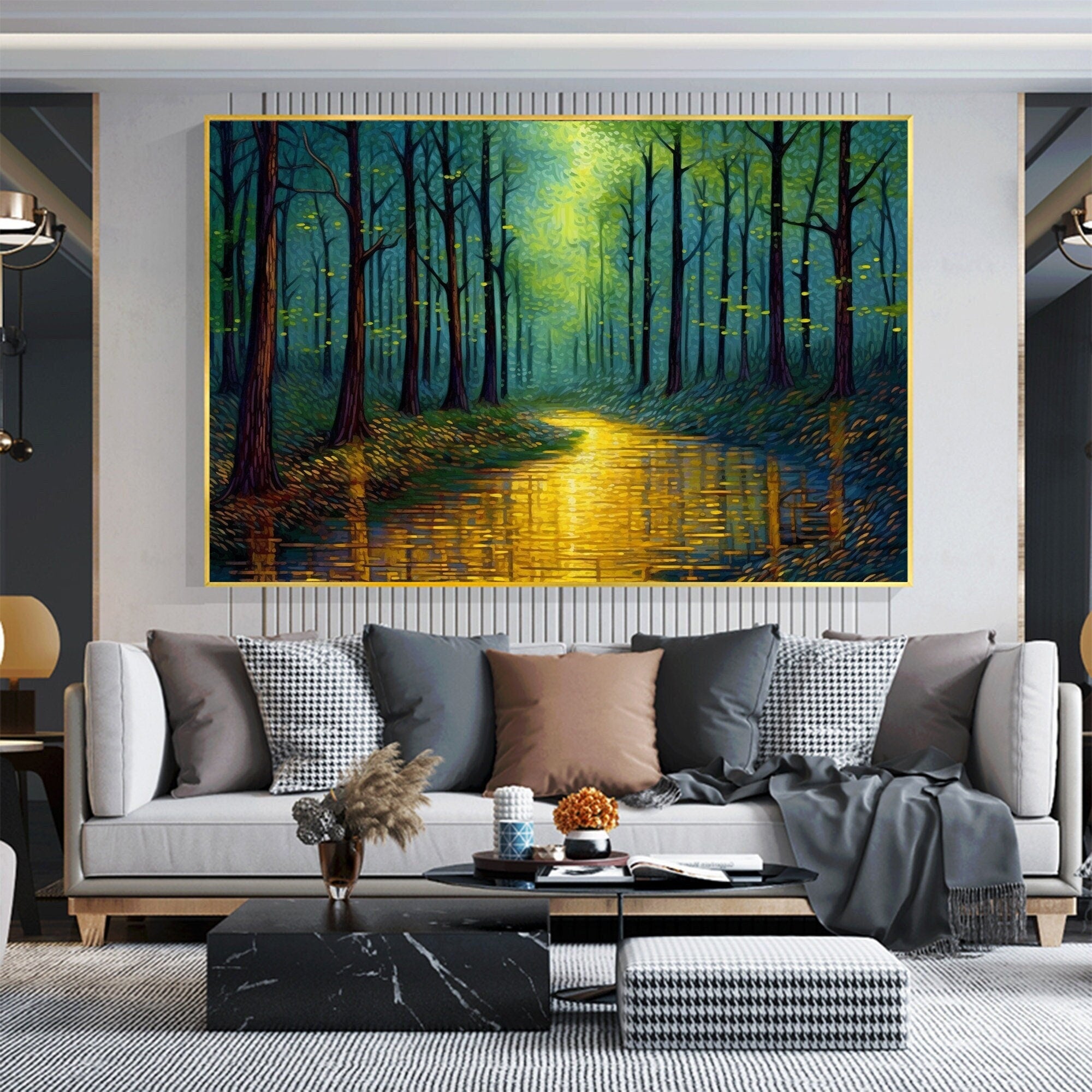 Enchanted Forest Wall Art | Large Landscape Painting with Golden River #ZZ 090