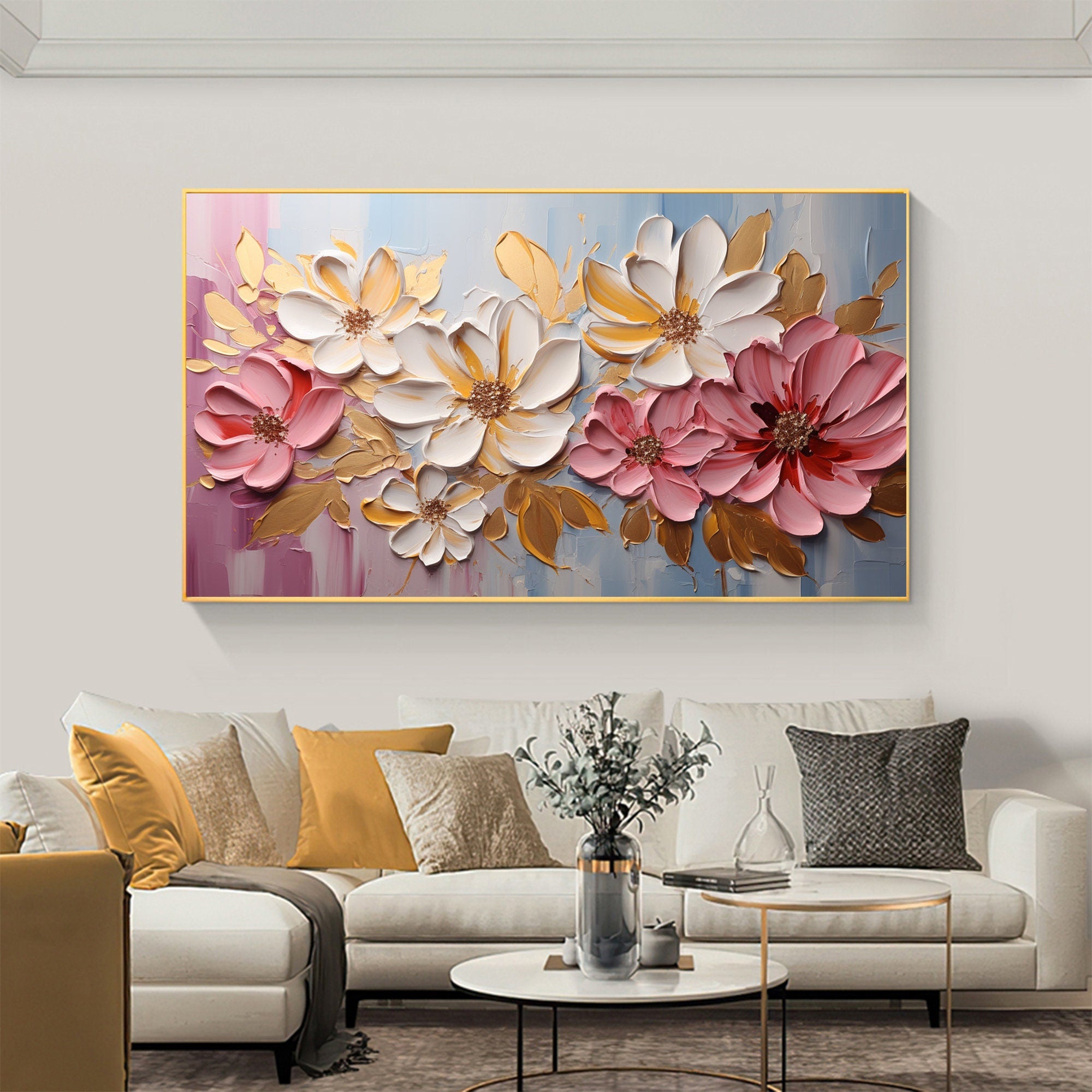 Contemporary Floral Painting | Oversized Horizontal Textured Wall Art Pink