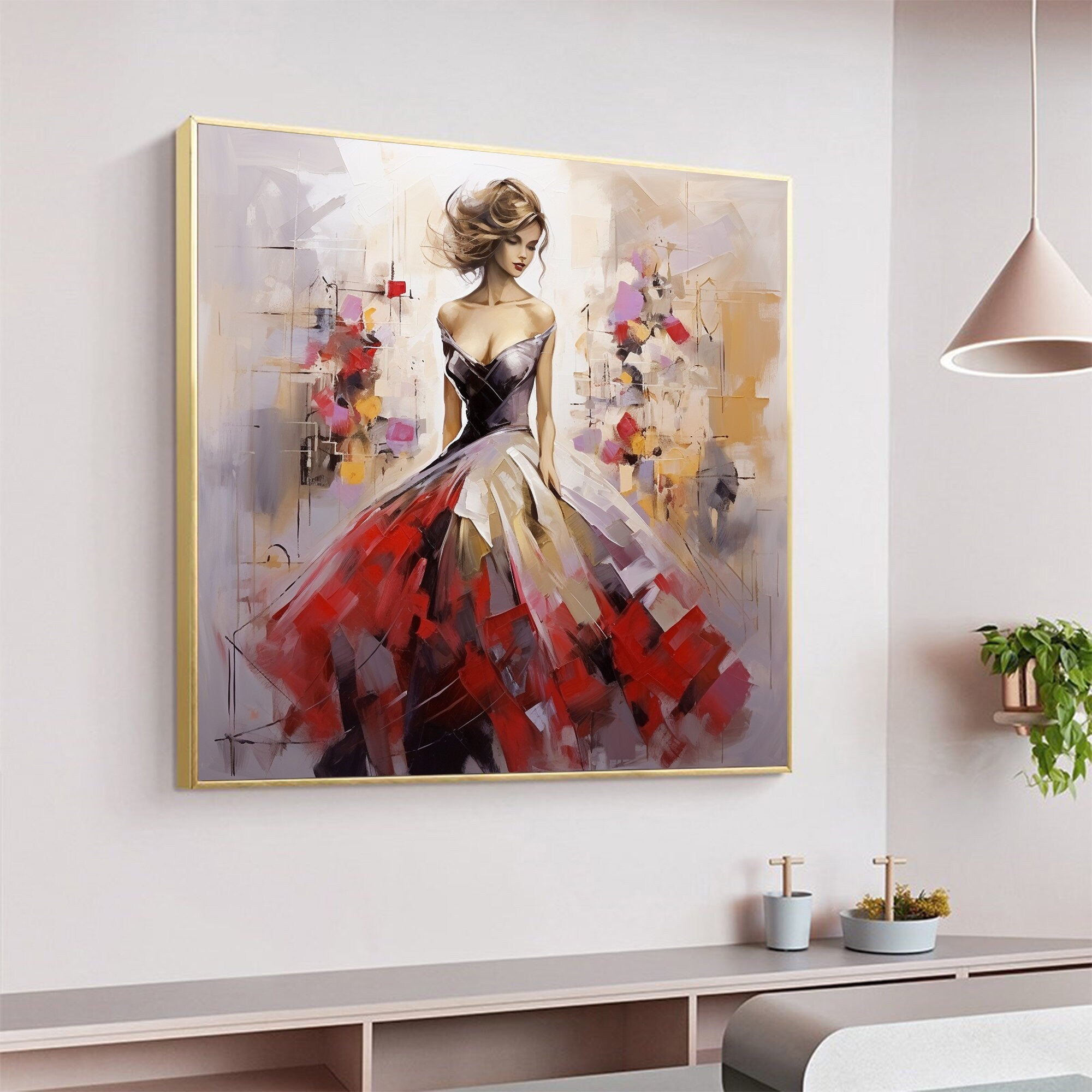 Oversized Square Wall Art | Abstract Painting Woman in Red Dress Decor #ZZ 176