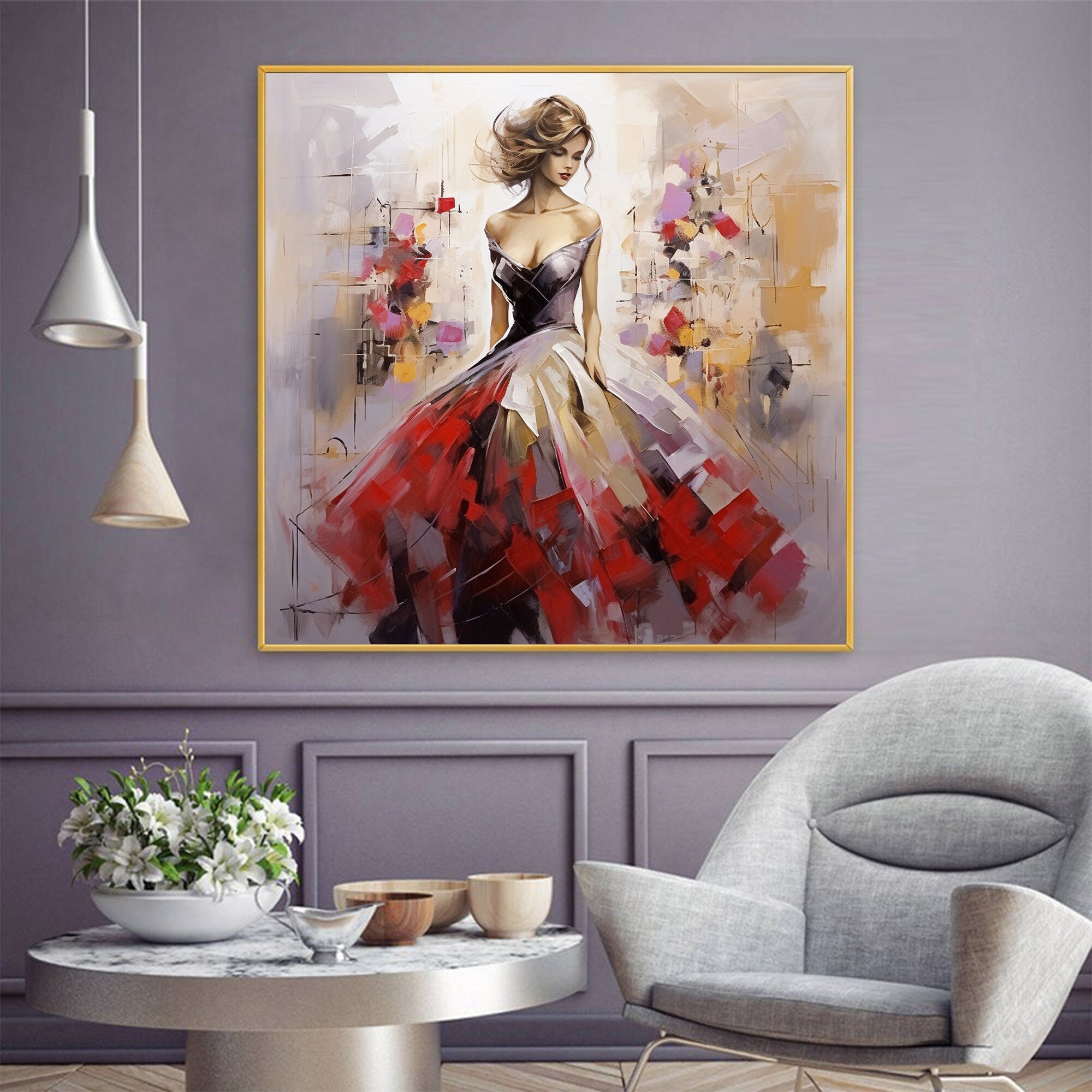 Oversized Square Wall Art | Abstract Painting Woman in Red Dress Decor #ZZ 176