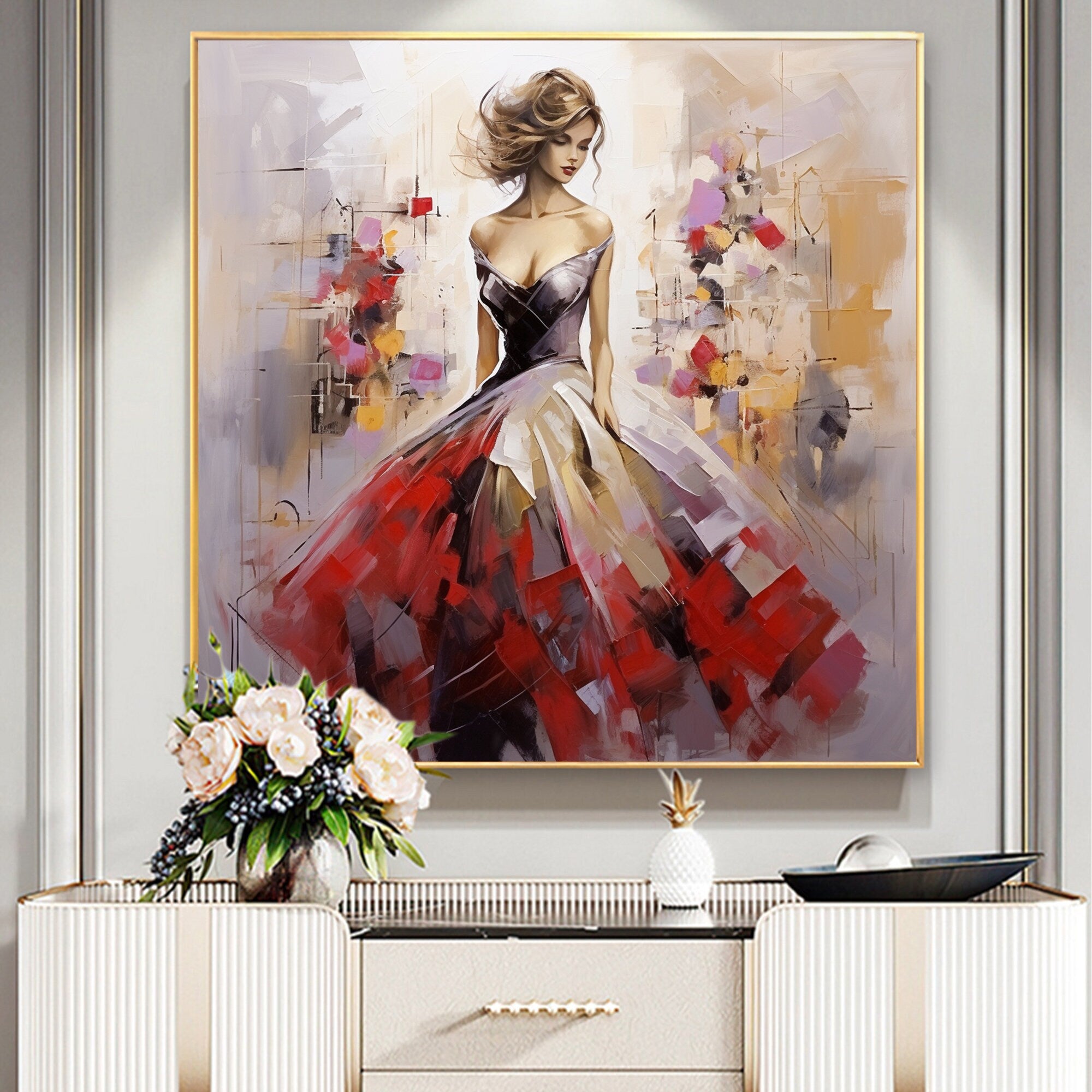 Oversized Square Wall Art | Abstract Painting Woman in Red Dress Decor #ZZ 176