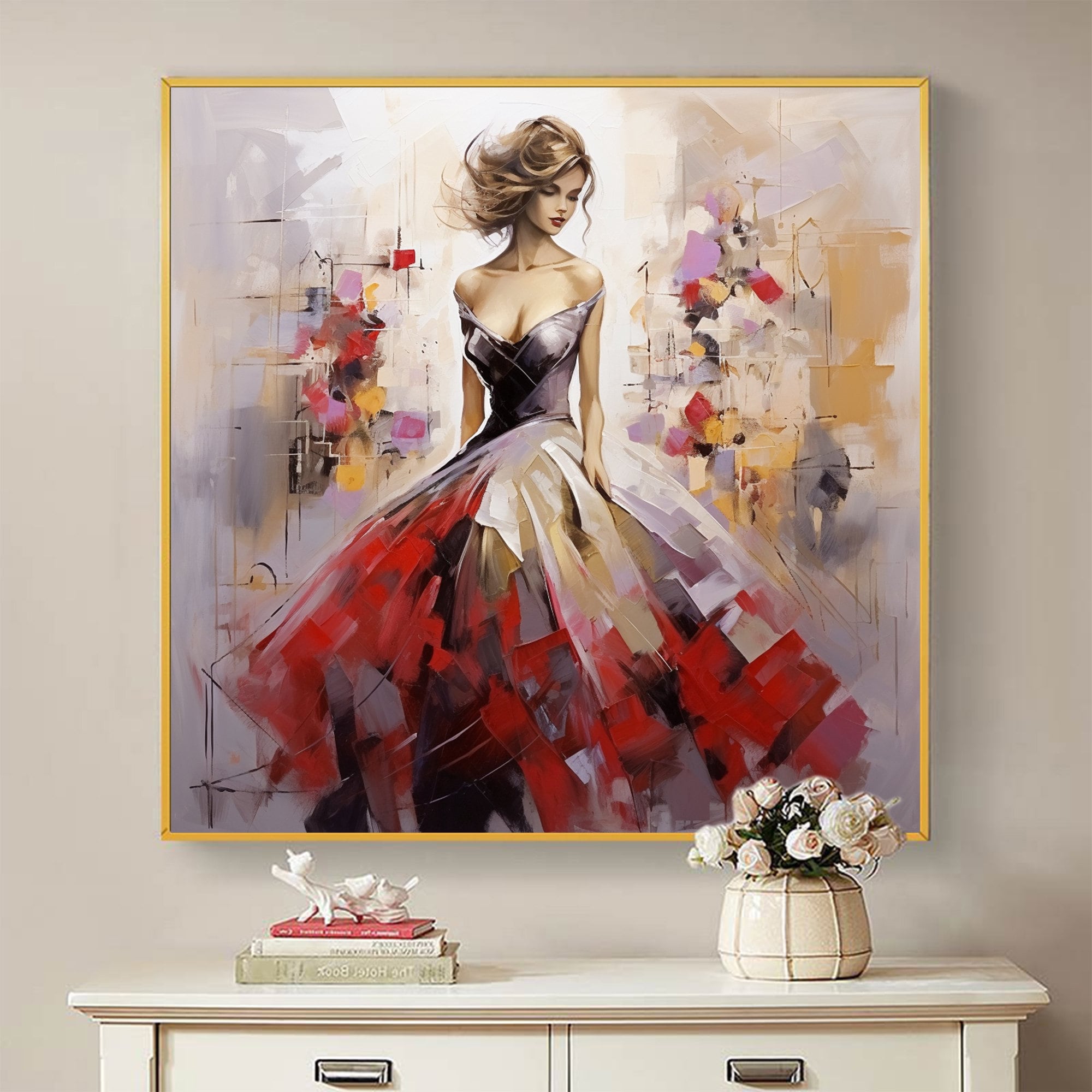 Oversized Square Wall Art | Abstract Painting Woman in Red Dress Decor