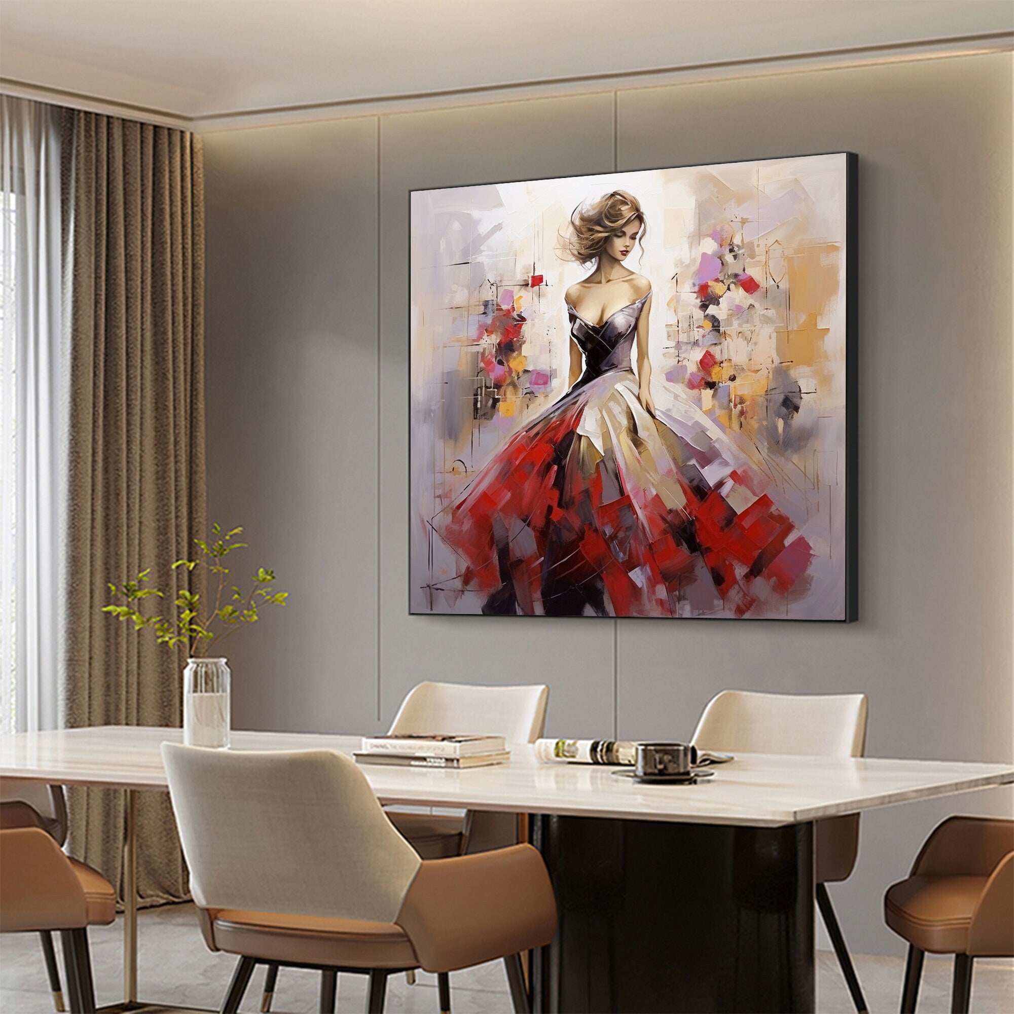 Oversized Square Wall Art | Abstract Painting Woman in Red Dress Decor #ZZ 176