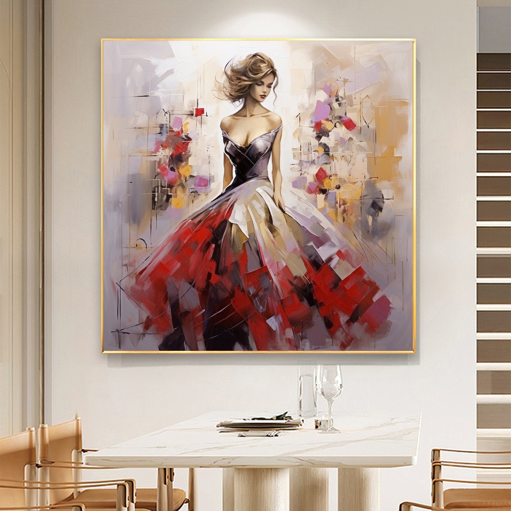 Oversized Square Wall Art | Abstract Painting Woman in Red Dress Decor #ZZ 176