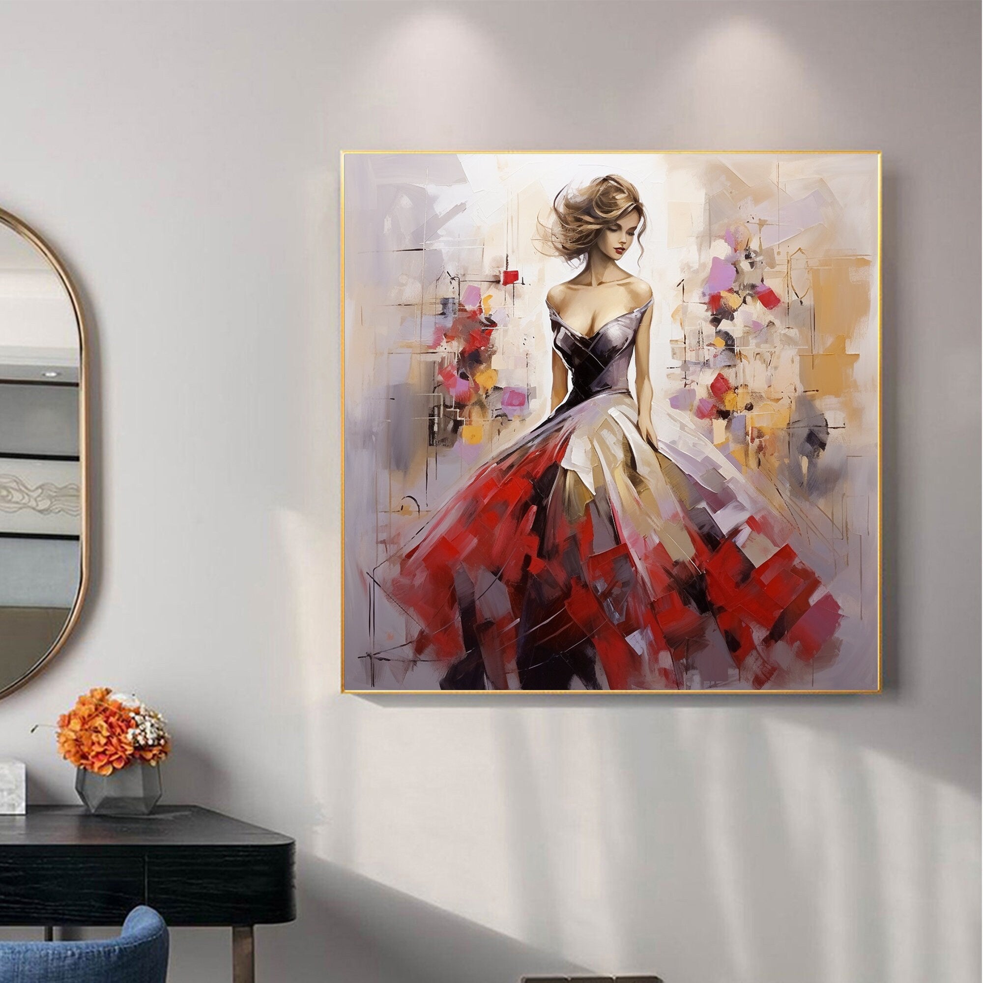 Oversized Square Wall Art | Abstract Painting Woman in Red Dress Decor #ZZ 176