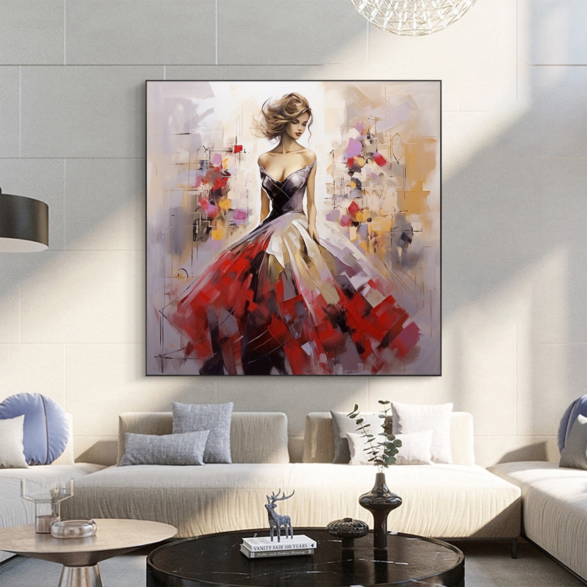 Oversized Square Wall Art | Abstract Painting Woman in Red Dress Decor #ZZ 176