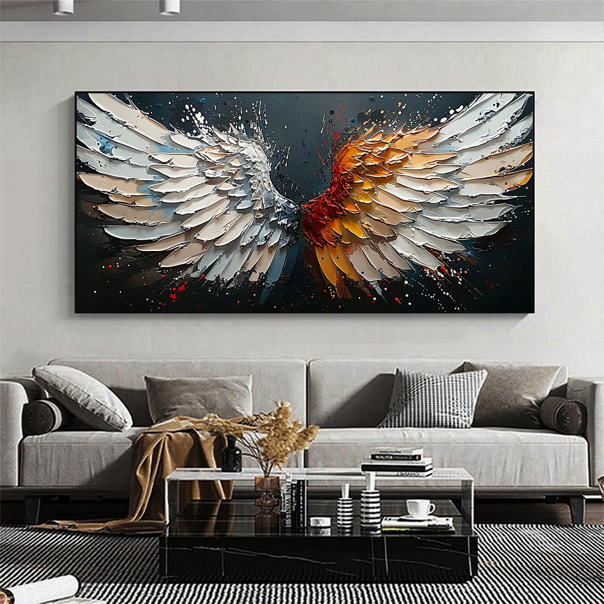 Large Abstract Angel Wings Art | Fire & Ice Textured Painting Decor