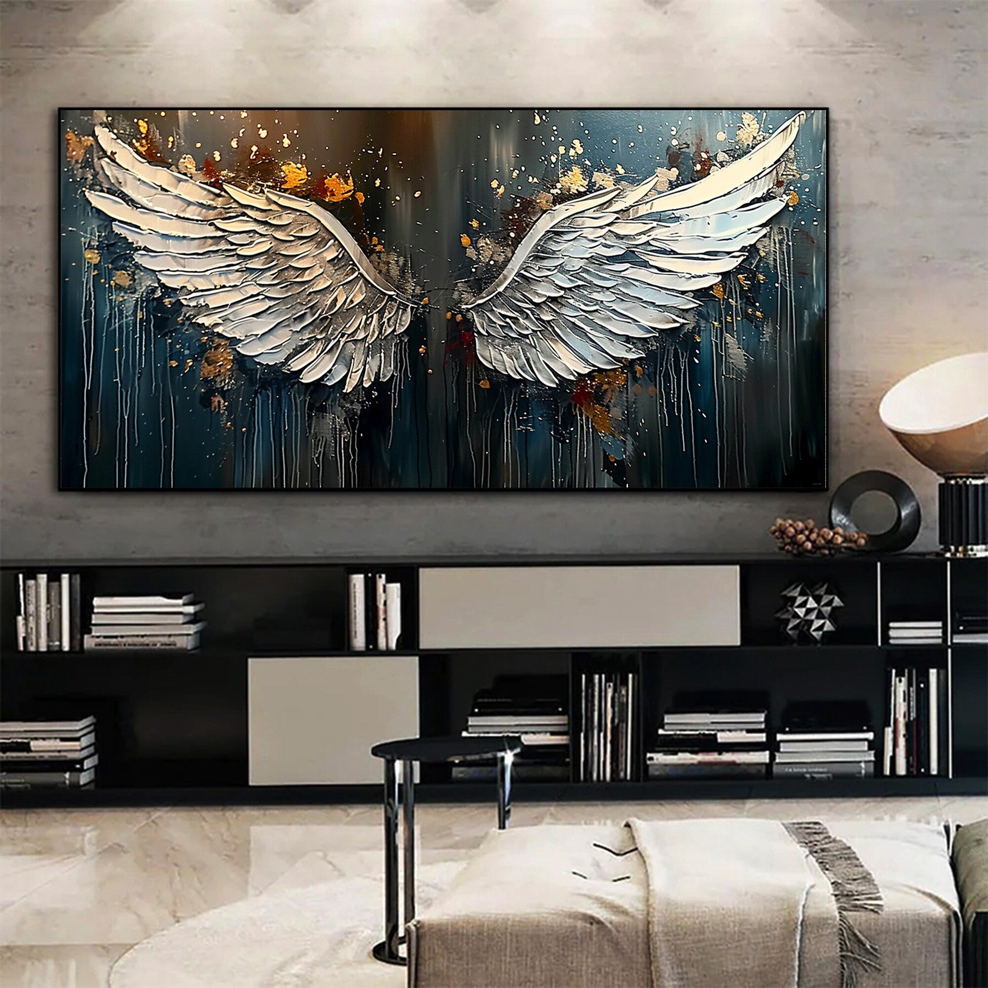 Textured Angel Wings Wall Art | Large Horizontal Painting for Bedroom #ZZ 169