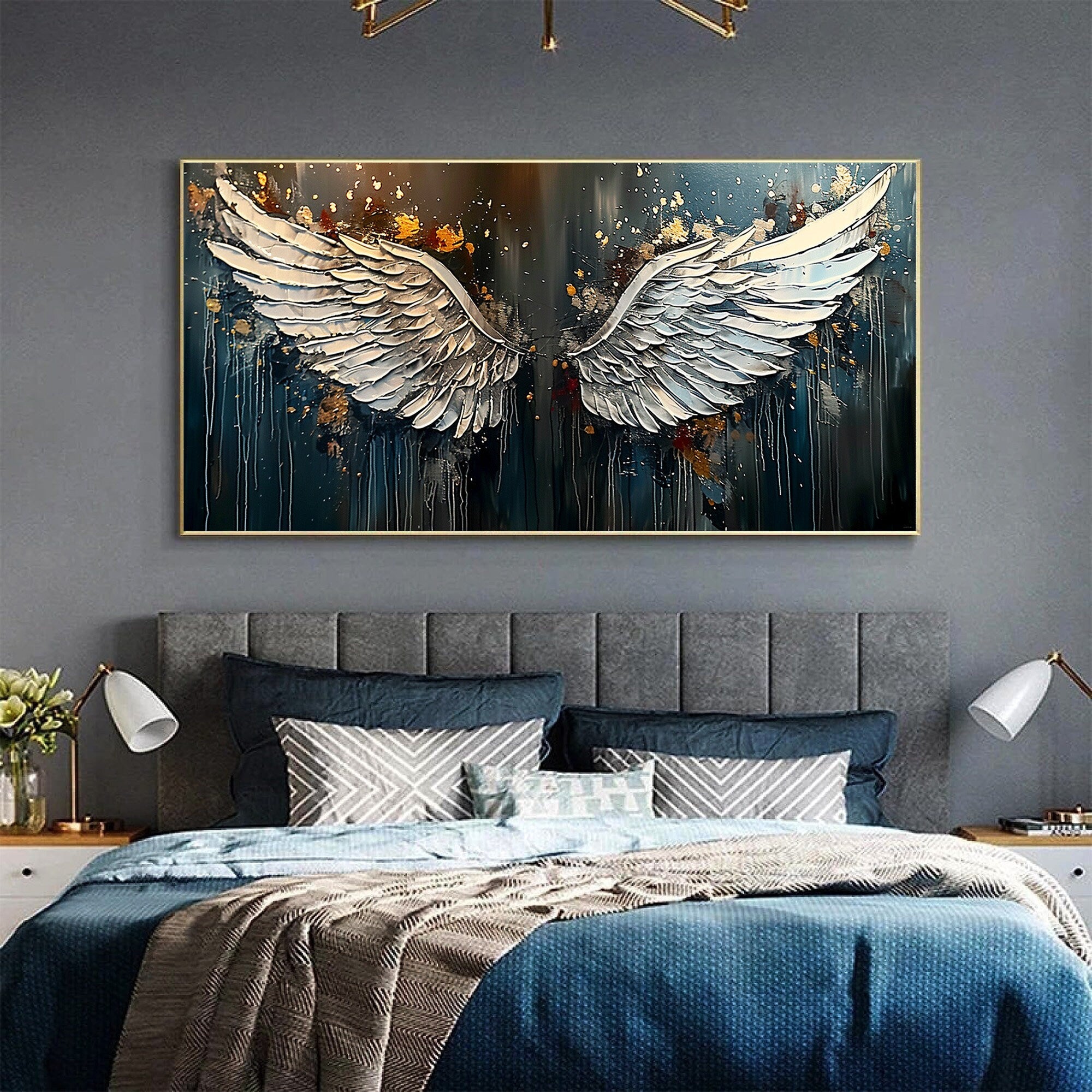 Large Abstract Angel Wings Painting | Textured Horizontal Art Above Bed