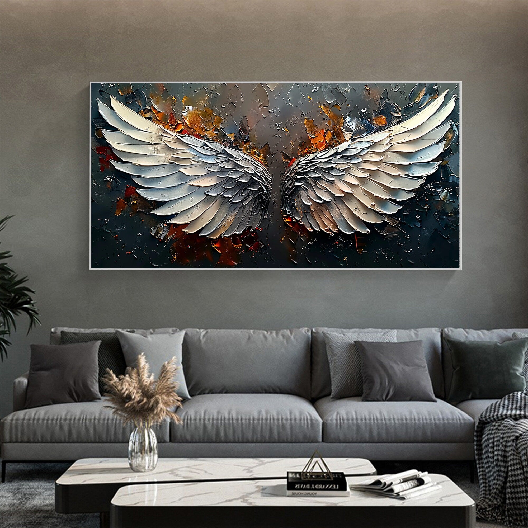 Oversized Angel Wings Artwork | Textured Painting Dark Metallic #ZZ 170