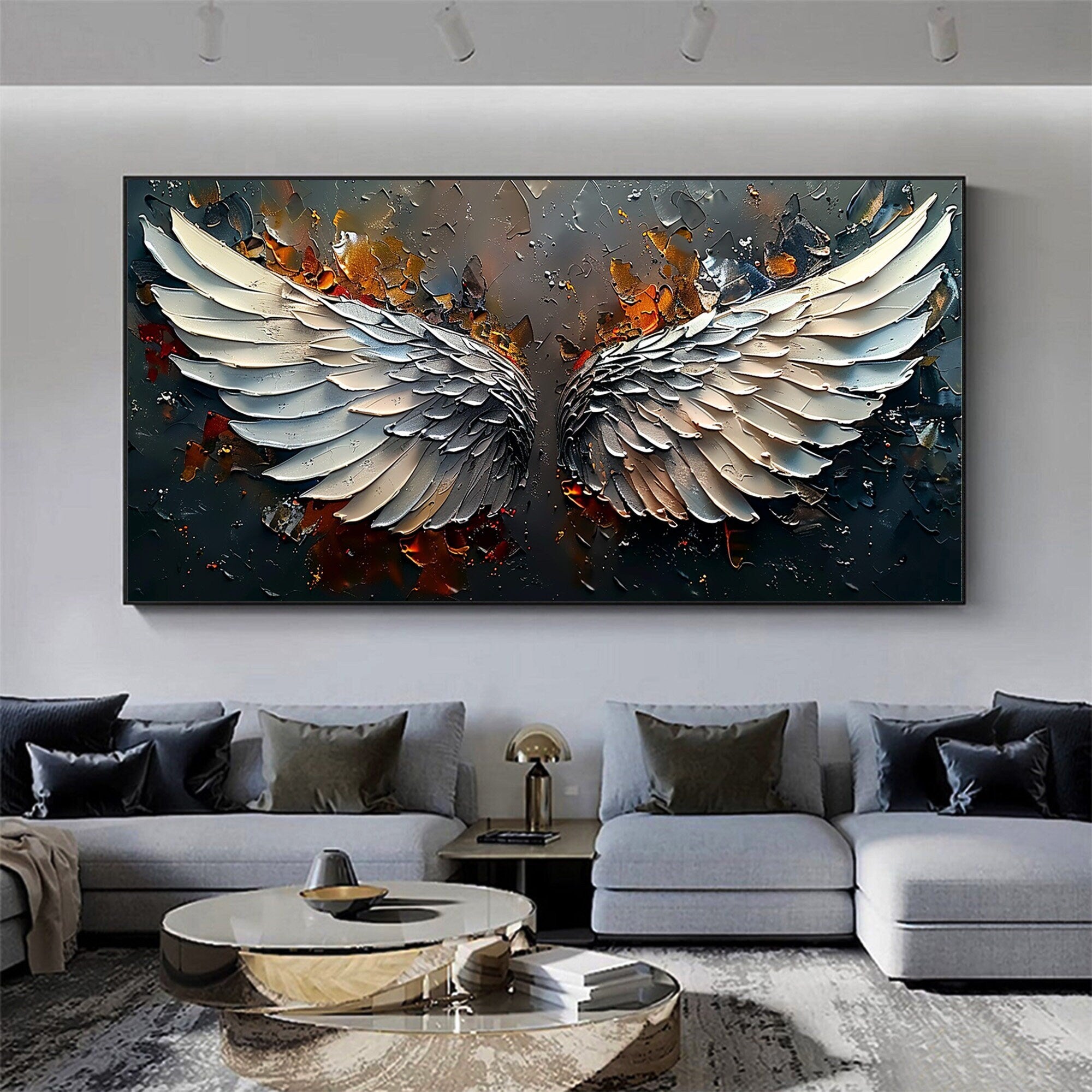 Textured Angel Wings Wall Art | Large Horizontal Painting Black Gold