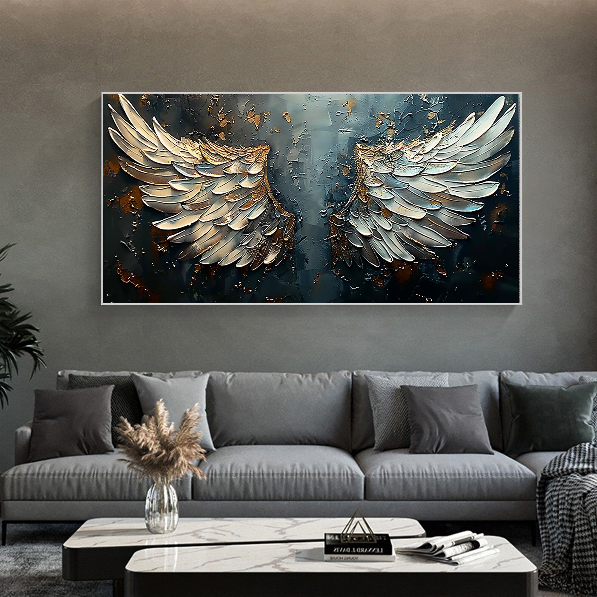 Contemporary Angel Wings Painting | Large Horizontal Textured Canvas Art