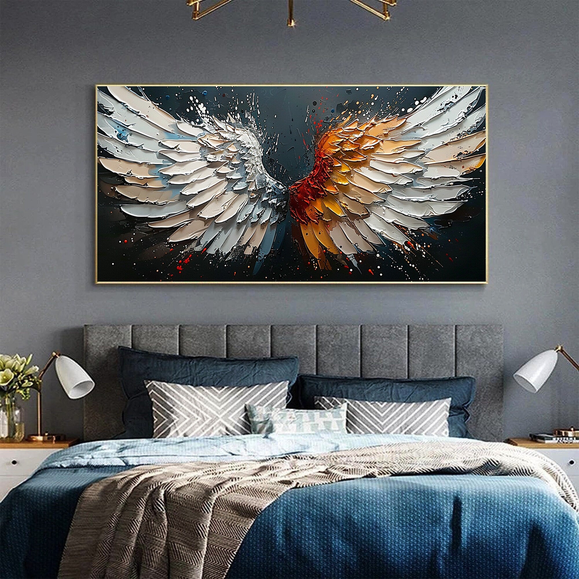 Textured Angel Wings Wall Art | Dual Tone Colorful Large Painting #ZZ 171