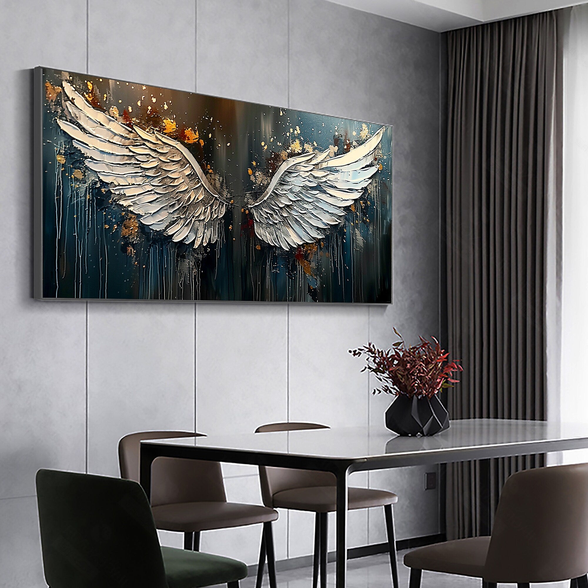 Textured Angel Wings Wall Art | Large Horizontal Painting for Bedroom #ZZ 169