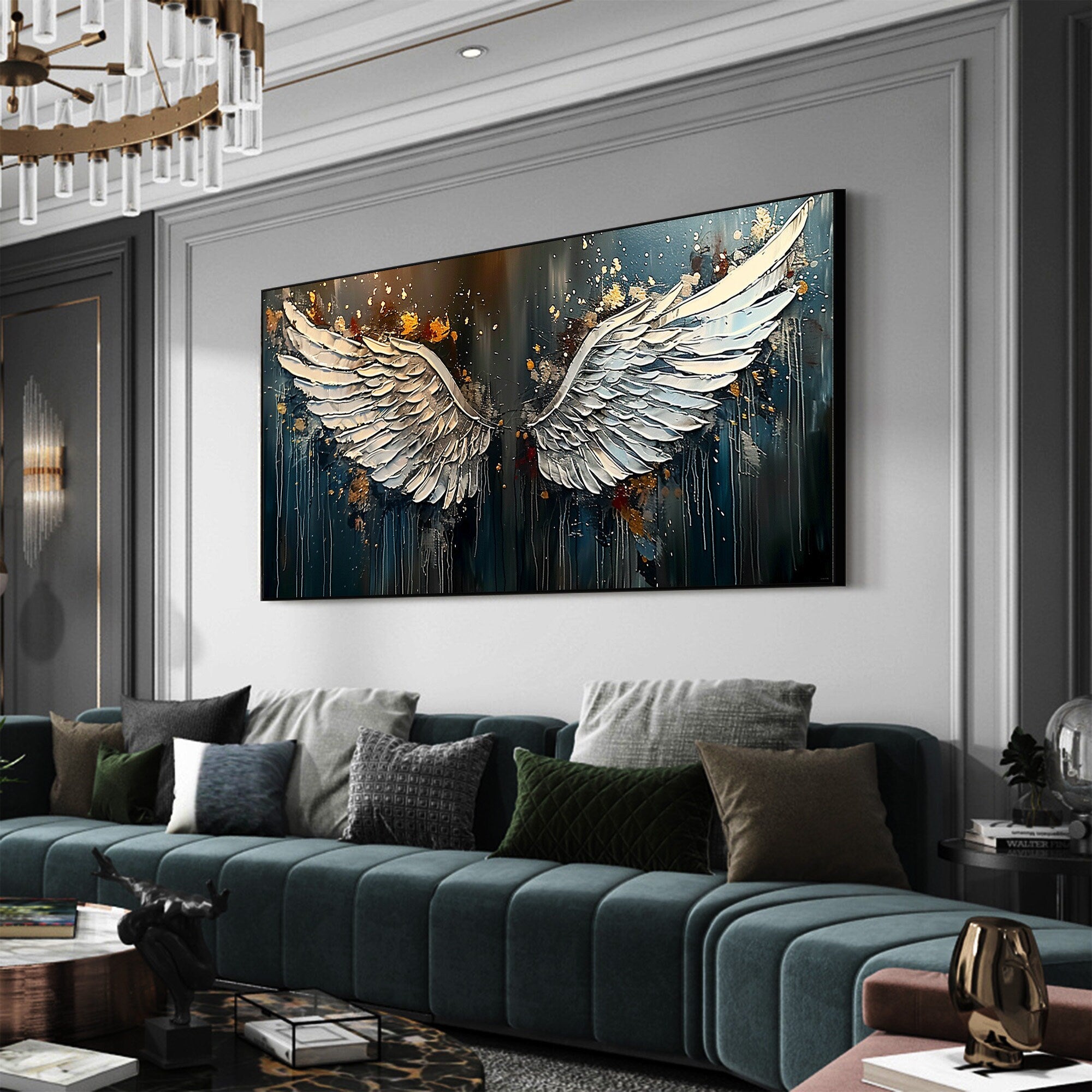 Textured Angel Wings Wall Art | Large Horizontal Painting for Bedroom #ZZ 169