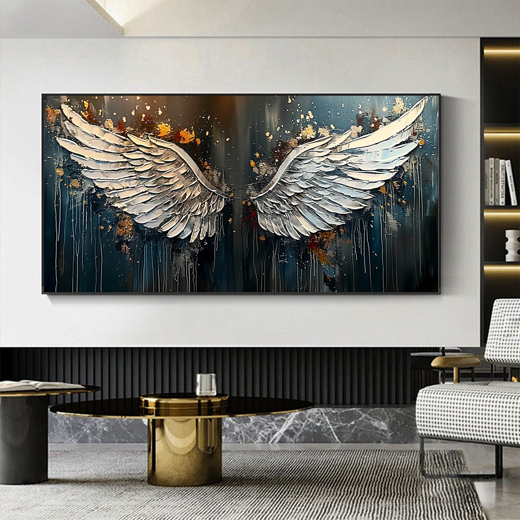 Textured Angel Wings Wall Art | Large Horizontal Painting for Bedroom #ZZ 169