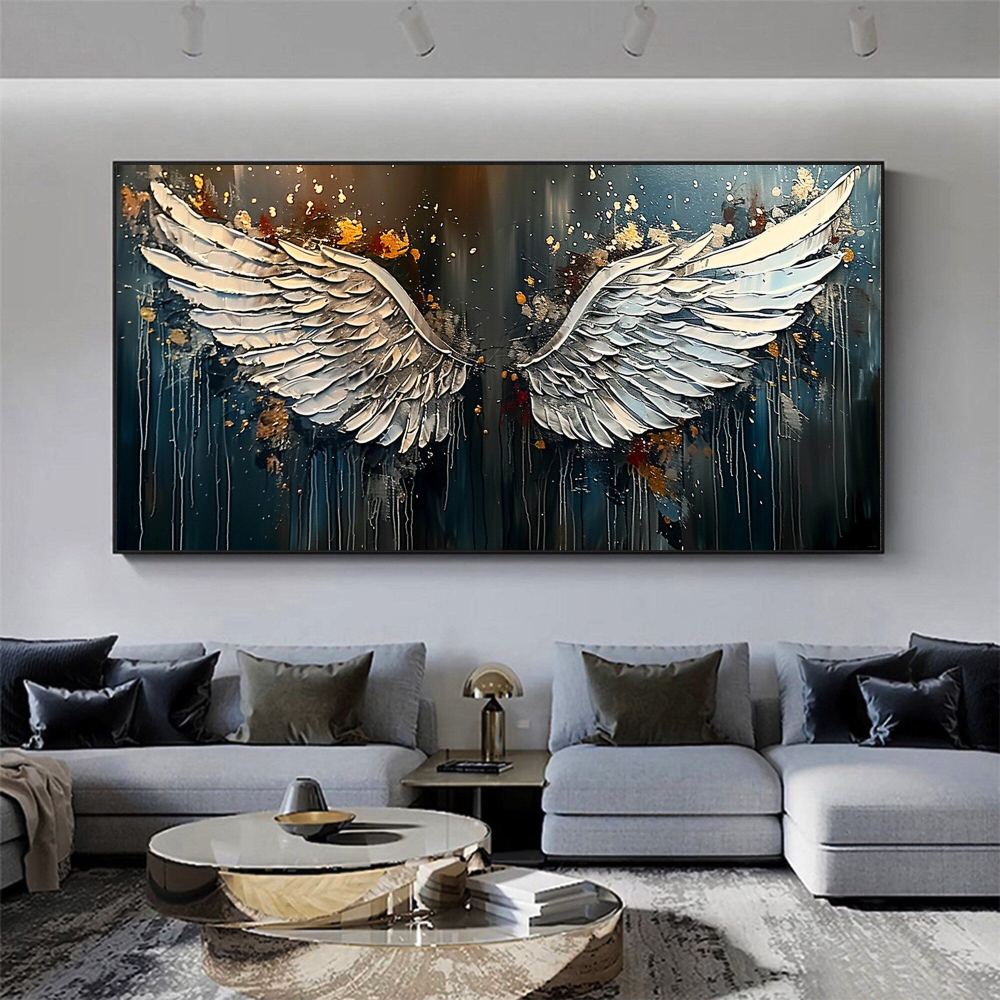 Textured Angel Wings Wall Art | Large Horizontal Painting for Bedroom #ZZ 169