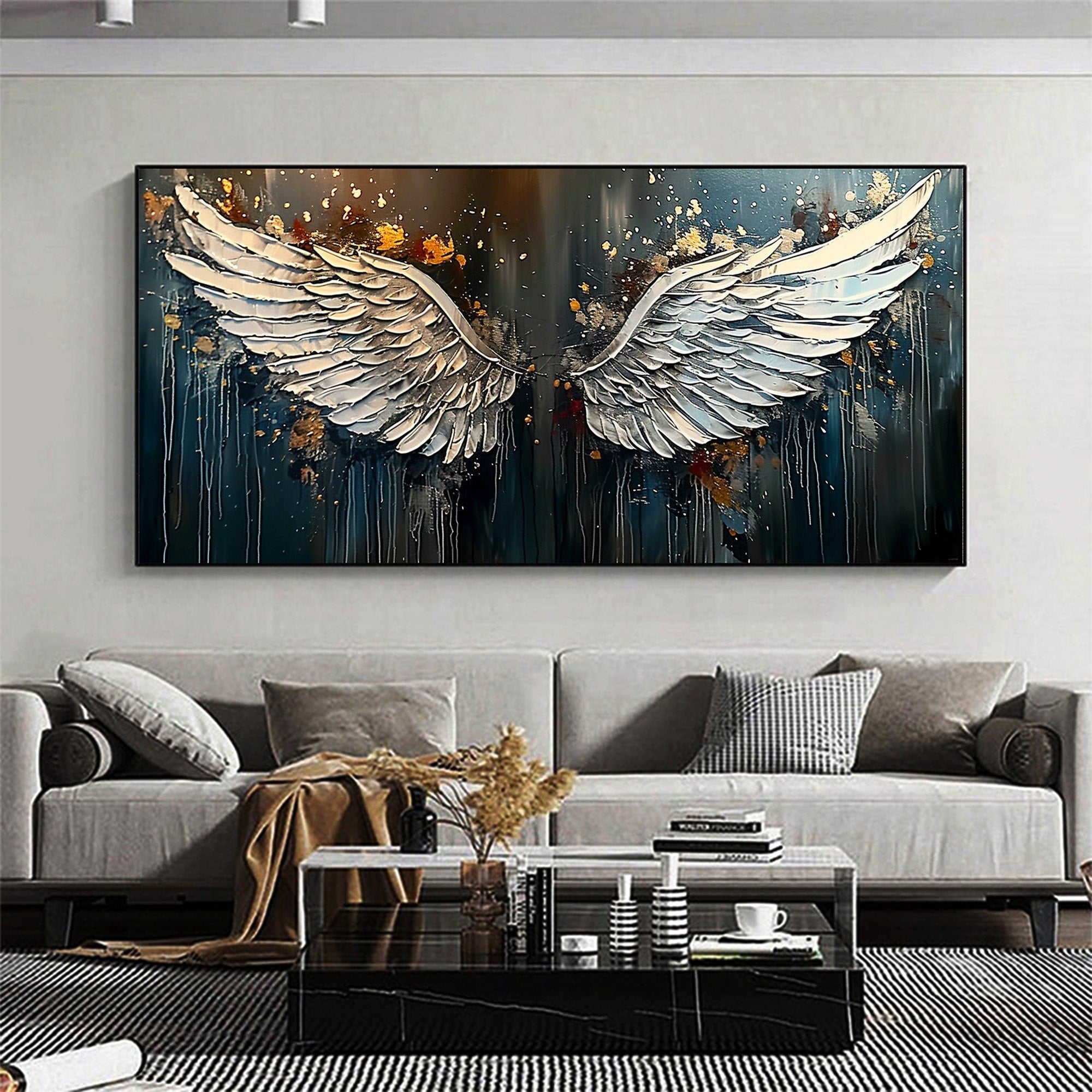 Textured Angel Wings Wall Art | Large Horizontal Painting for Bedroom #ZZ 169