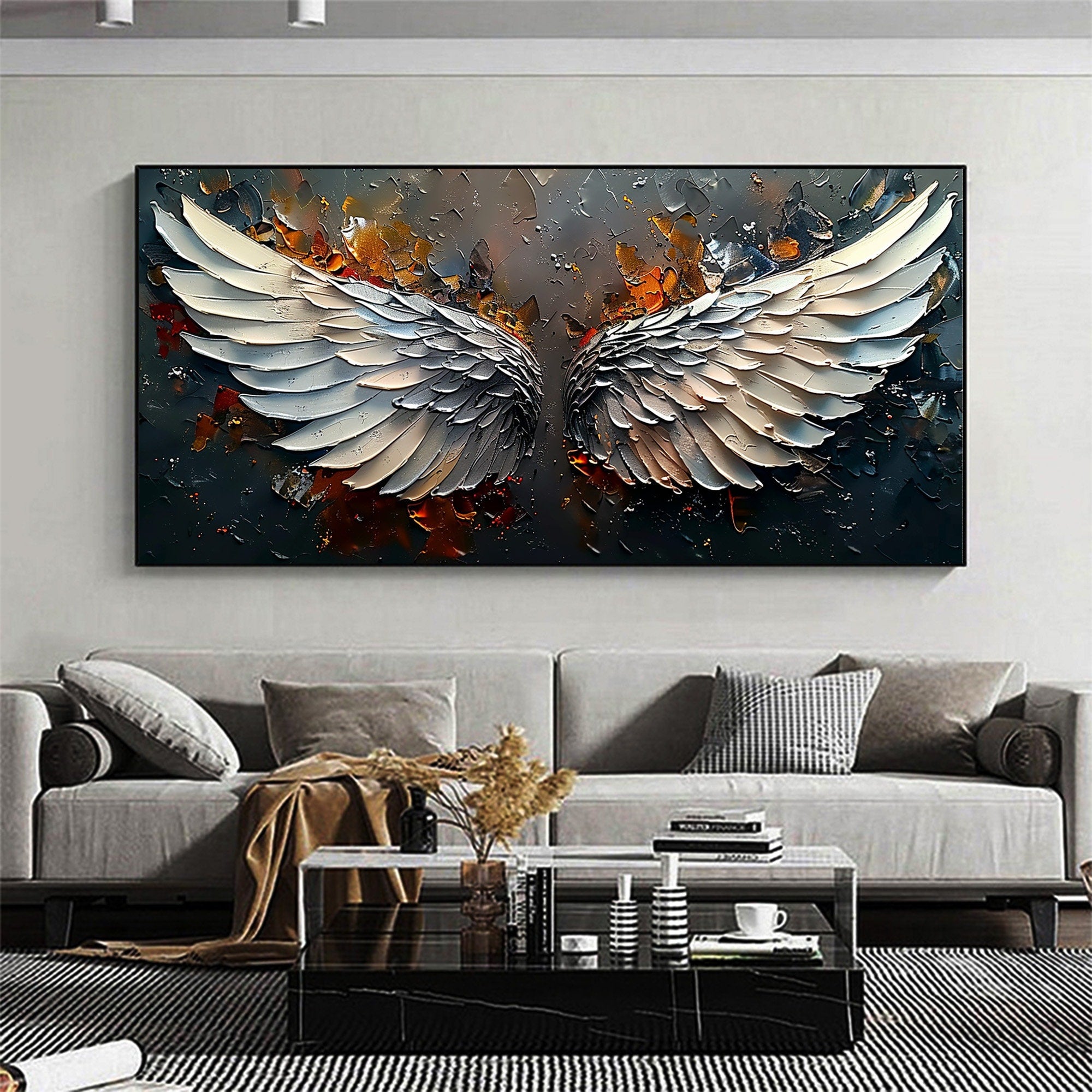 Oversized Angel Wings Artwork | Textured Painting Dark Metallic #ZZ 170
