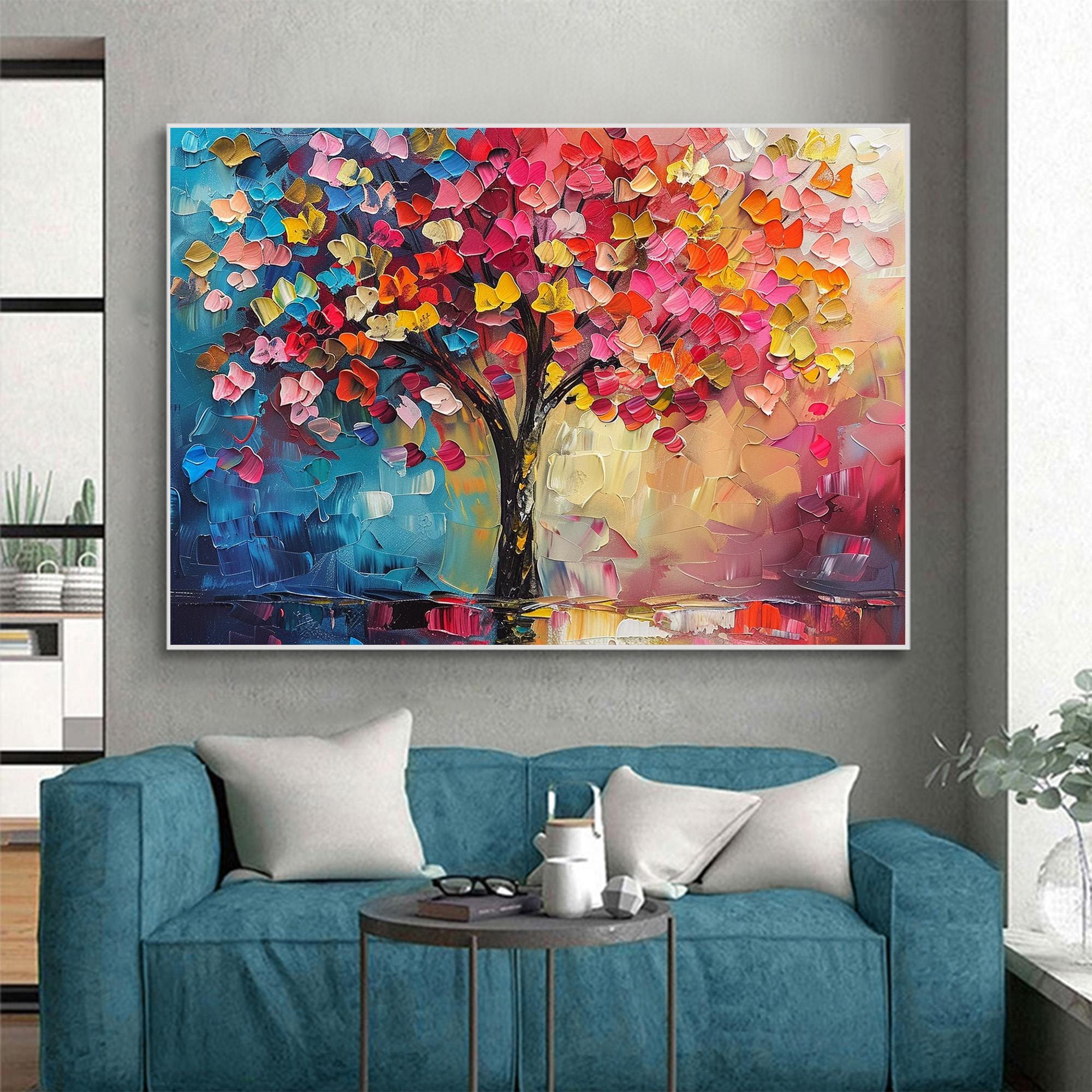 Large Textured Artwork | Horizontal Colorful Tree Painting Decor