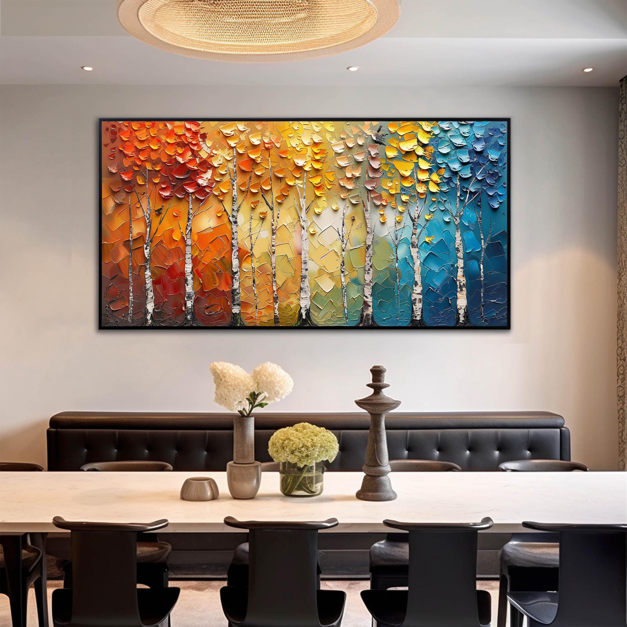 Large Textured Artwork | Horizontal Colorful Birch Forest Painting