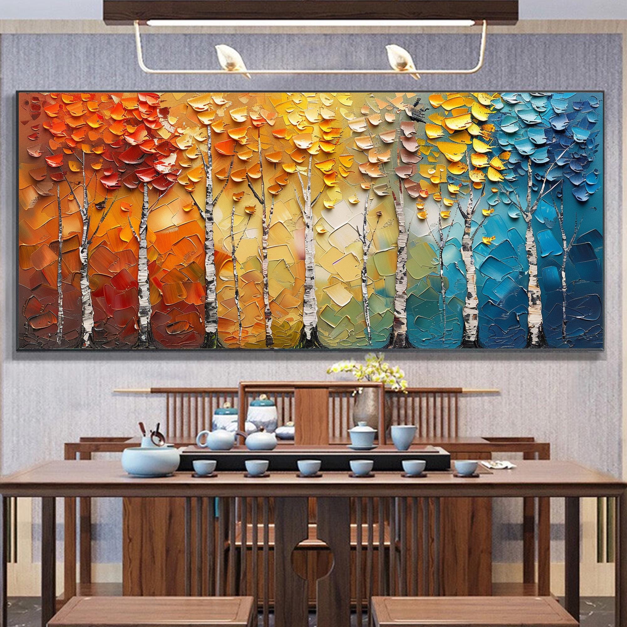 Colorful Birch Tree Wall Art | Large Textured Landscape Painting #ZZ 092